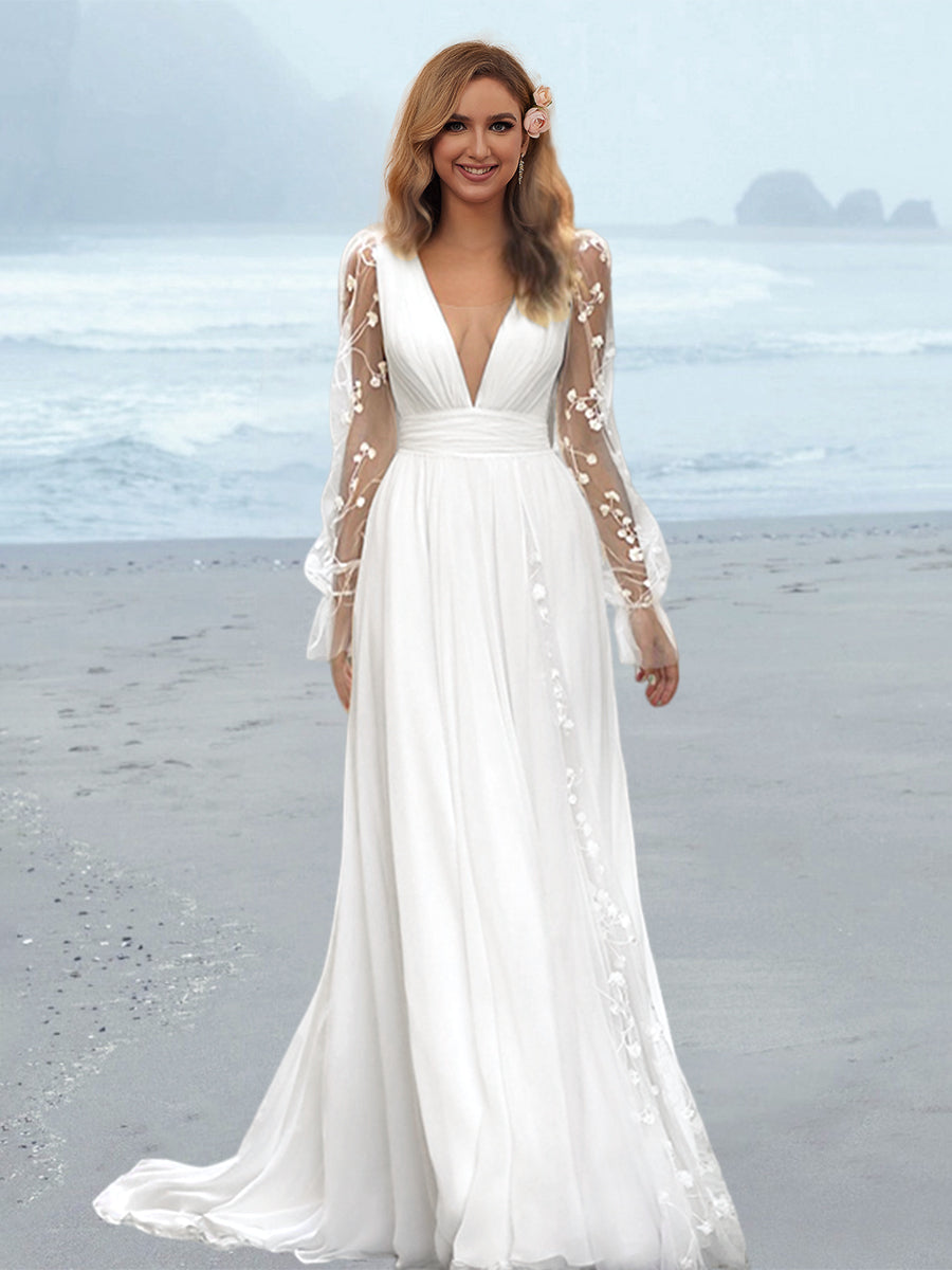 A-Line/Princess V-Neck Floor-length Wedding Dress Champagne