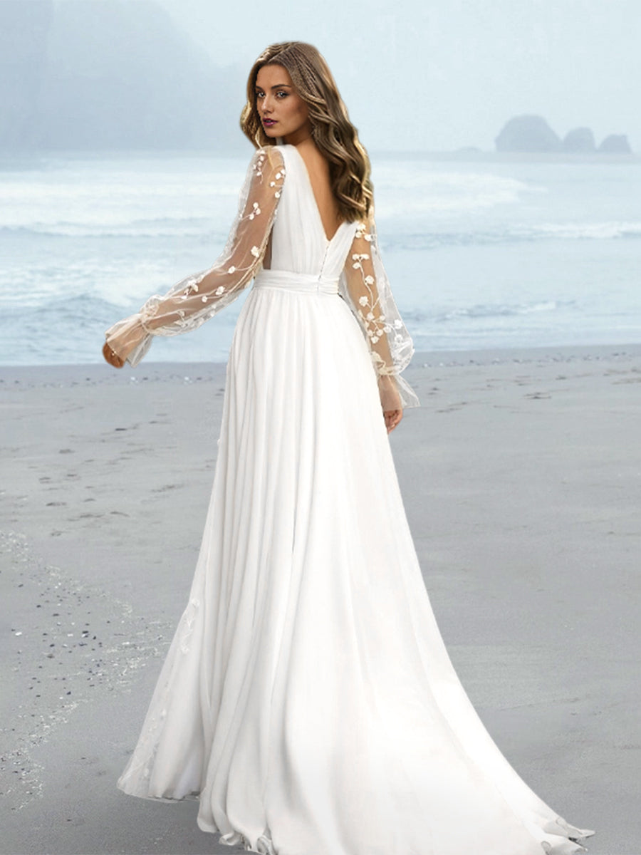 A-Line/Princess V-Neck Floor-length Wedding Dress Pink