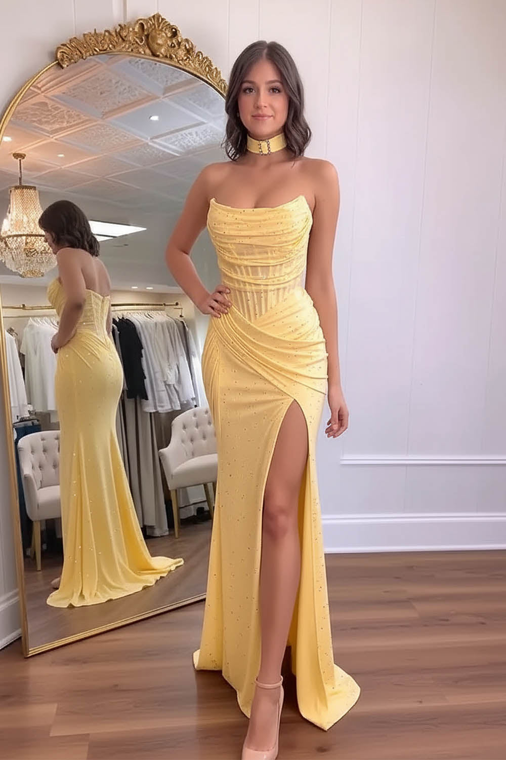 Sheath Strapless Yellow Prom Dress with High Slit-LLELLA