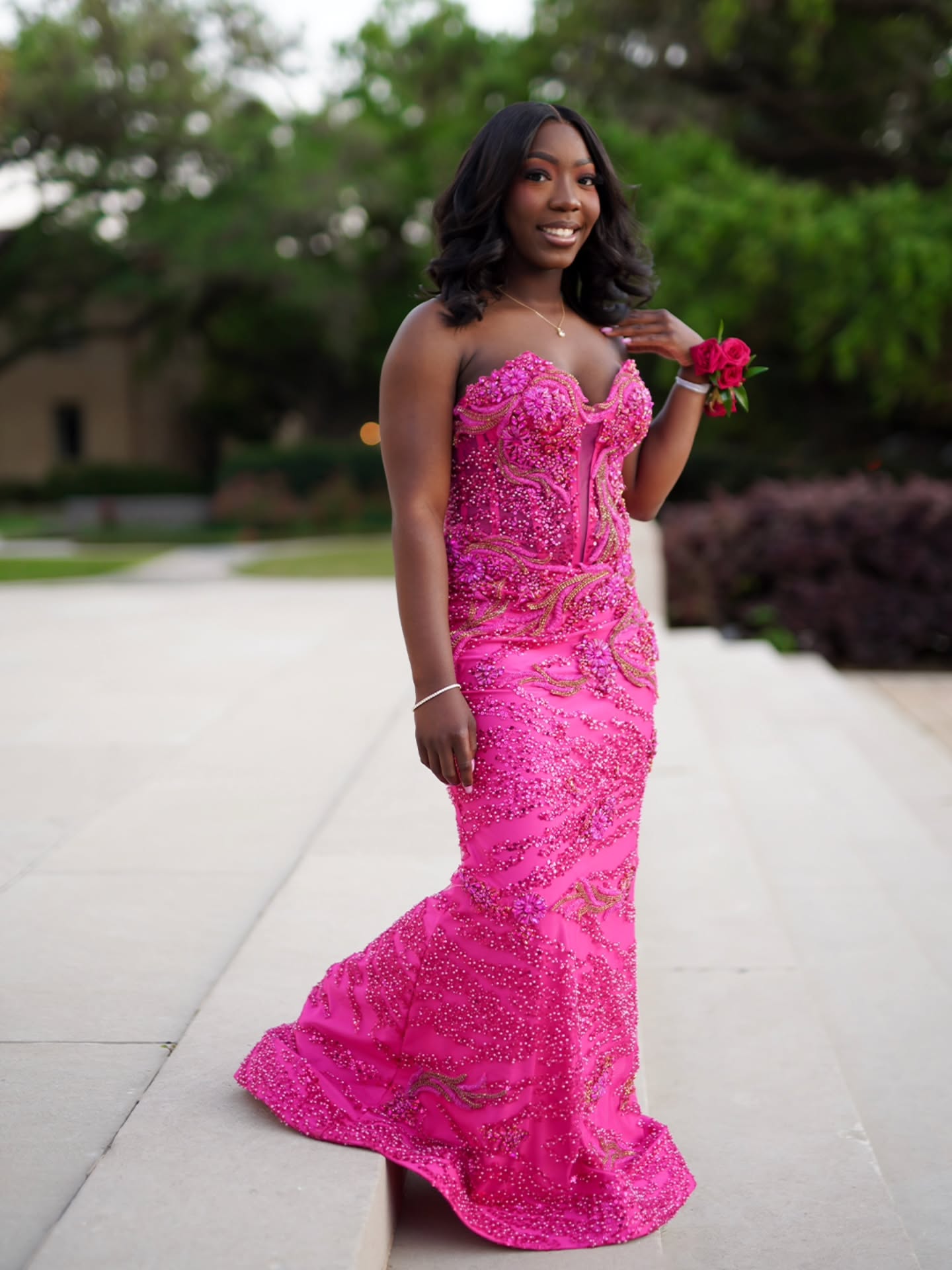 Fuchsia Strapless Sweetheart Crystal Beaded Mermaid Prom Dress with Sheer Mesh Panels