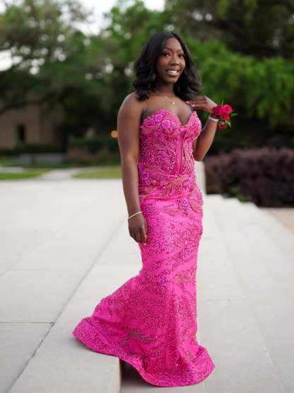 Fuchsia Strapless Sweetheart Crystal Beaded Mermaid Prom Dress with Sheer Mesh Panels