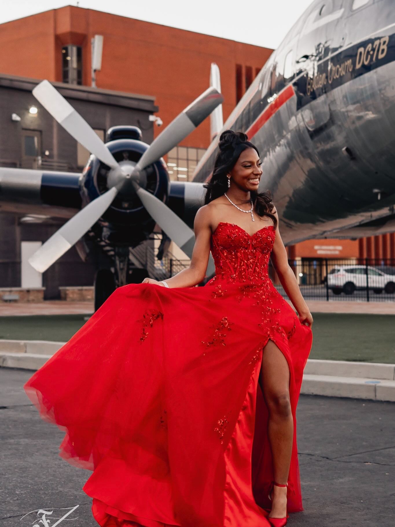 Red Sequin Beaded Strapless A-Line Prom Dress with 3D Floral Appliqué & High Slit