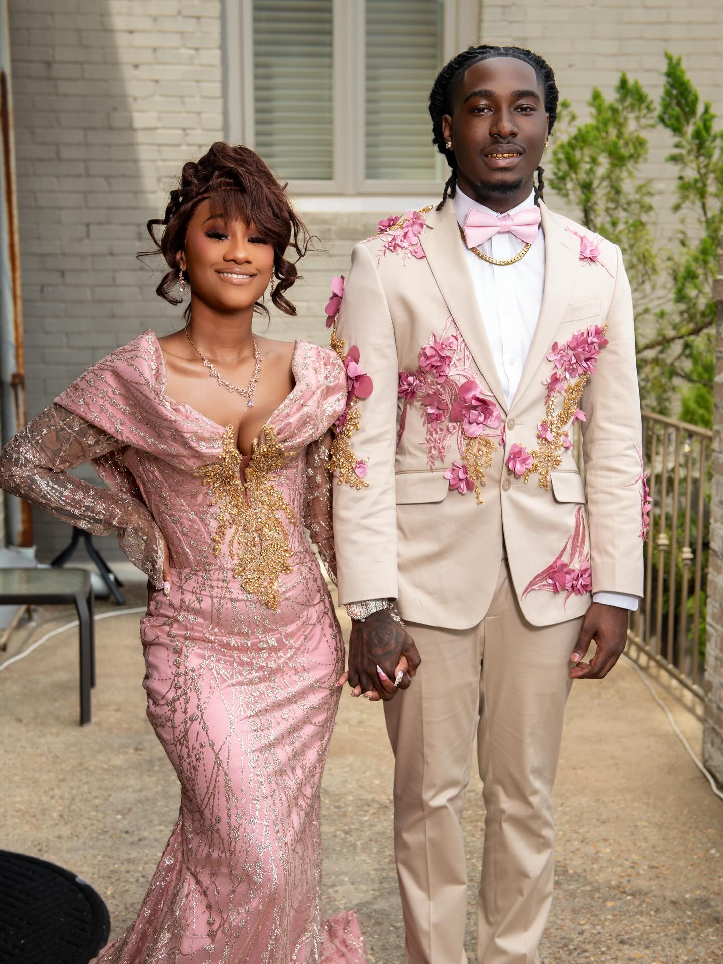 Blush Pink Gold Sequin Lace Off-Shoulder Long Sleeve Mermaid Prom Dress with 3D Floral Bodice