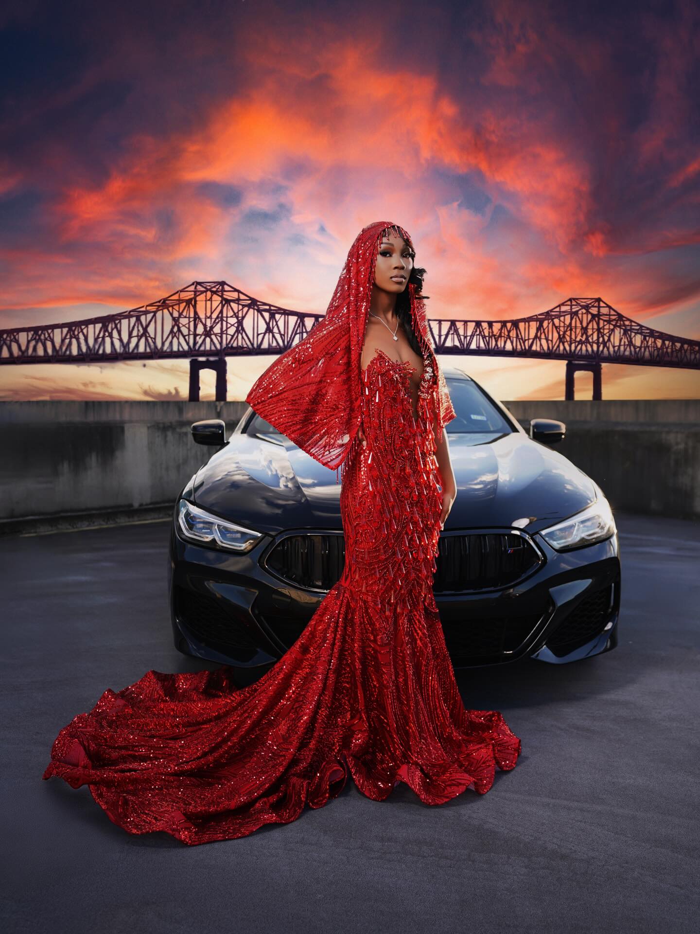 Crimson Red Crystal Bugle Bead Fringe Tassel Deep V-Neck Sheer Mermaid Prom Dress with Matching Cape Shawl