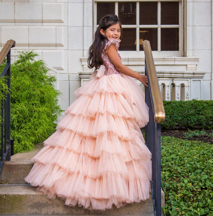 Ball Gown Sequins Flower Girl Dresses with Ruffles & Bowknot Pink