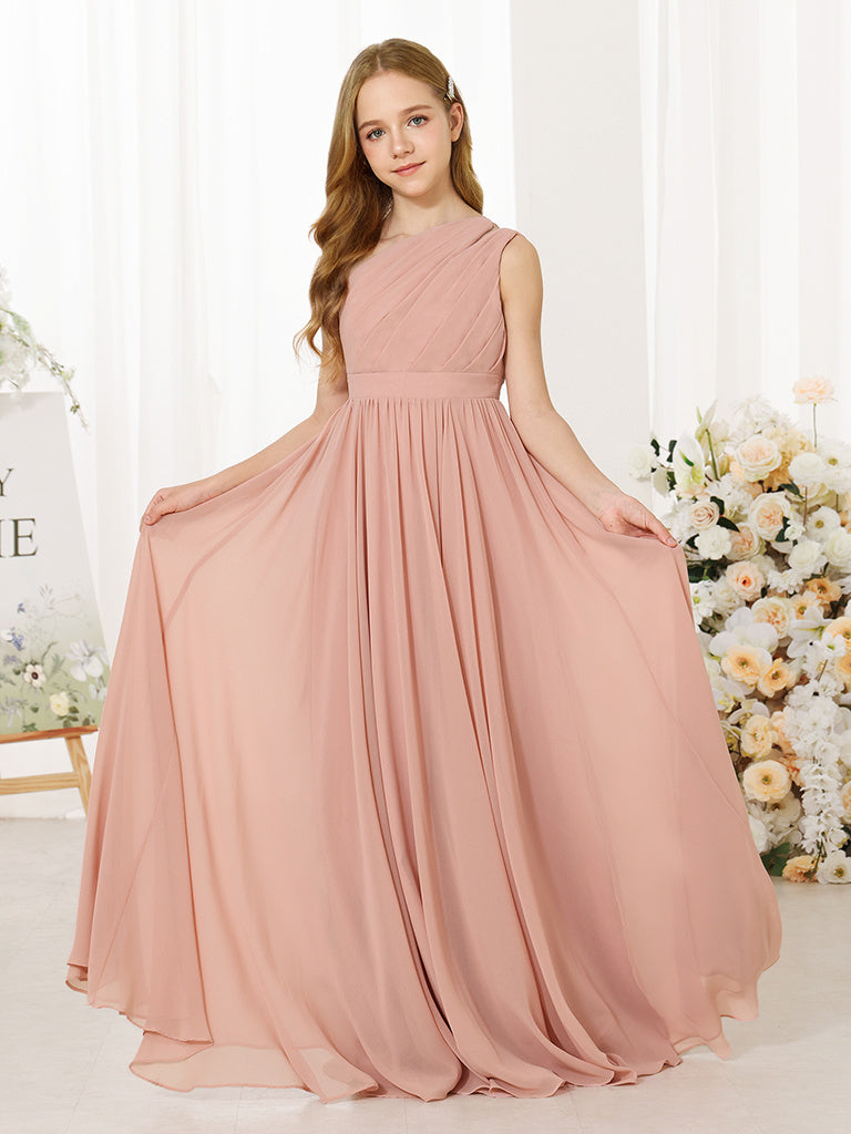 A-Line/Princess Chiffon Sleeveless One-Shoulder Floor-Length  Flower Girl Dresses As Pic