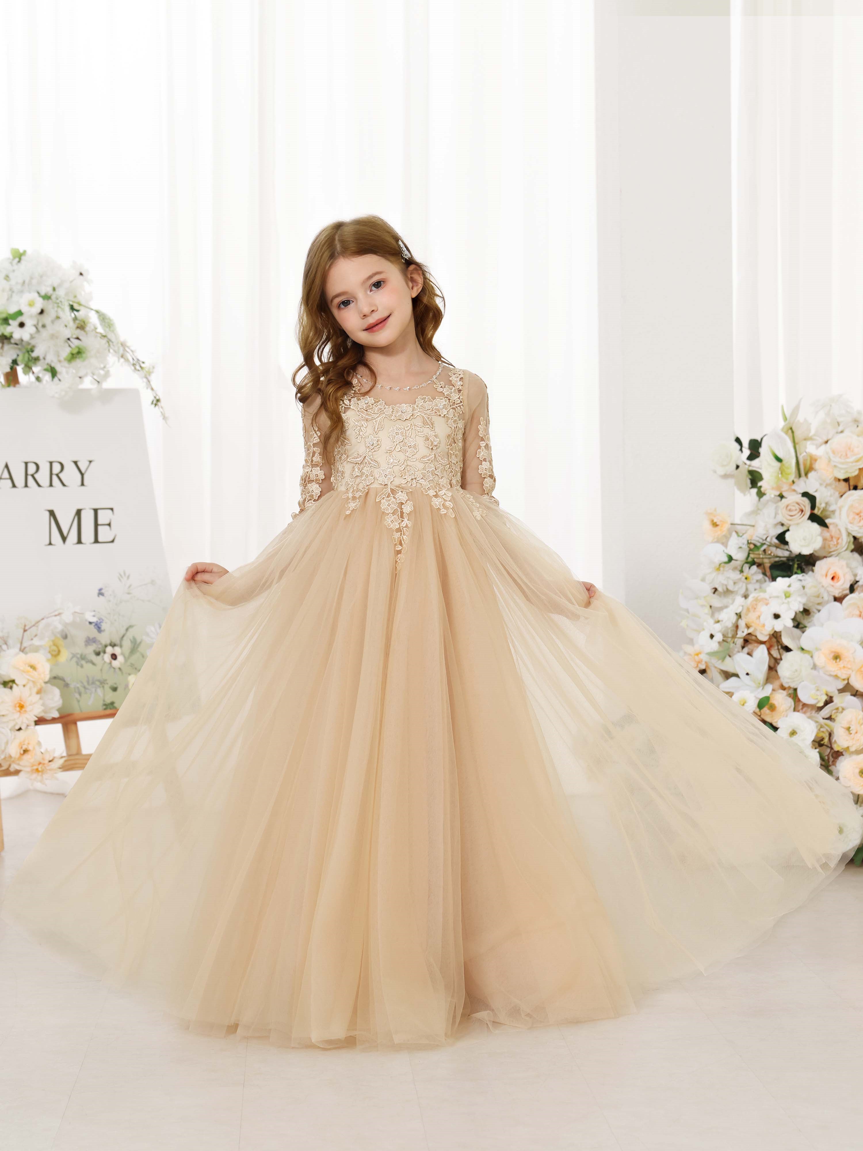 A-Line/Princess Lace 3/4 Sleeves Scoop Neck Floor-Length Flower Girl Dresses As Pic