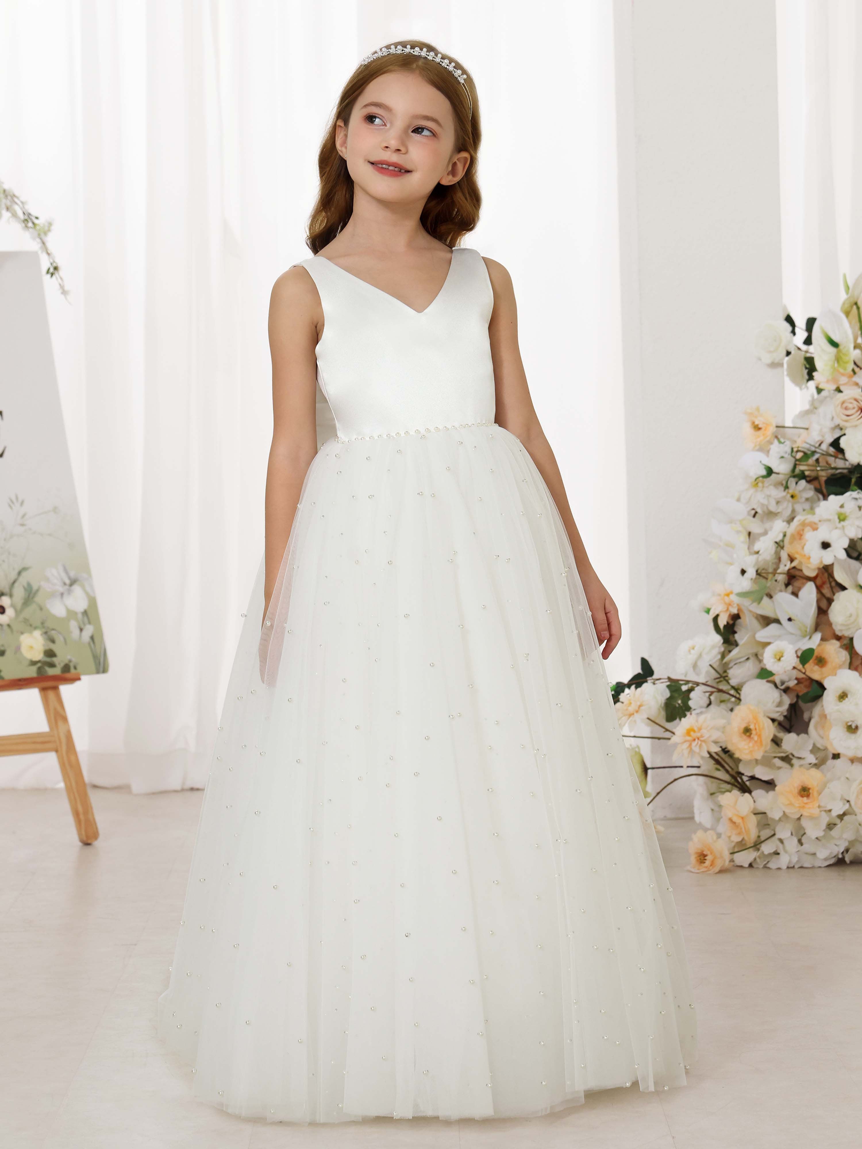 Ball-Gown Tulle Satin Sleeveless V-Neck Floor-Length Flower Girl Dresses White