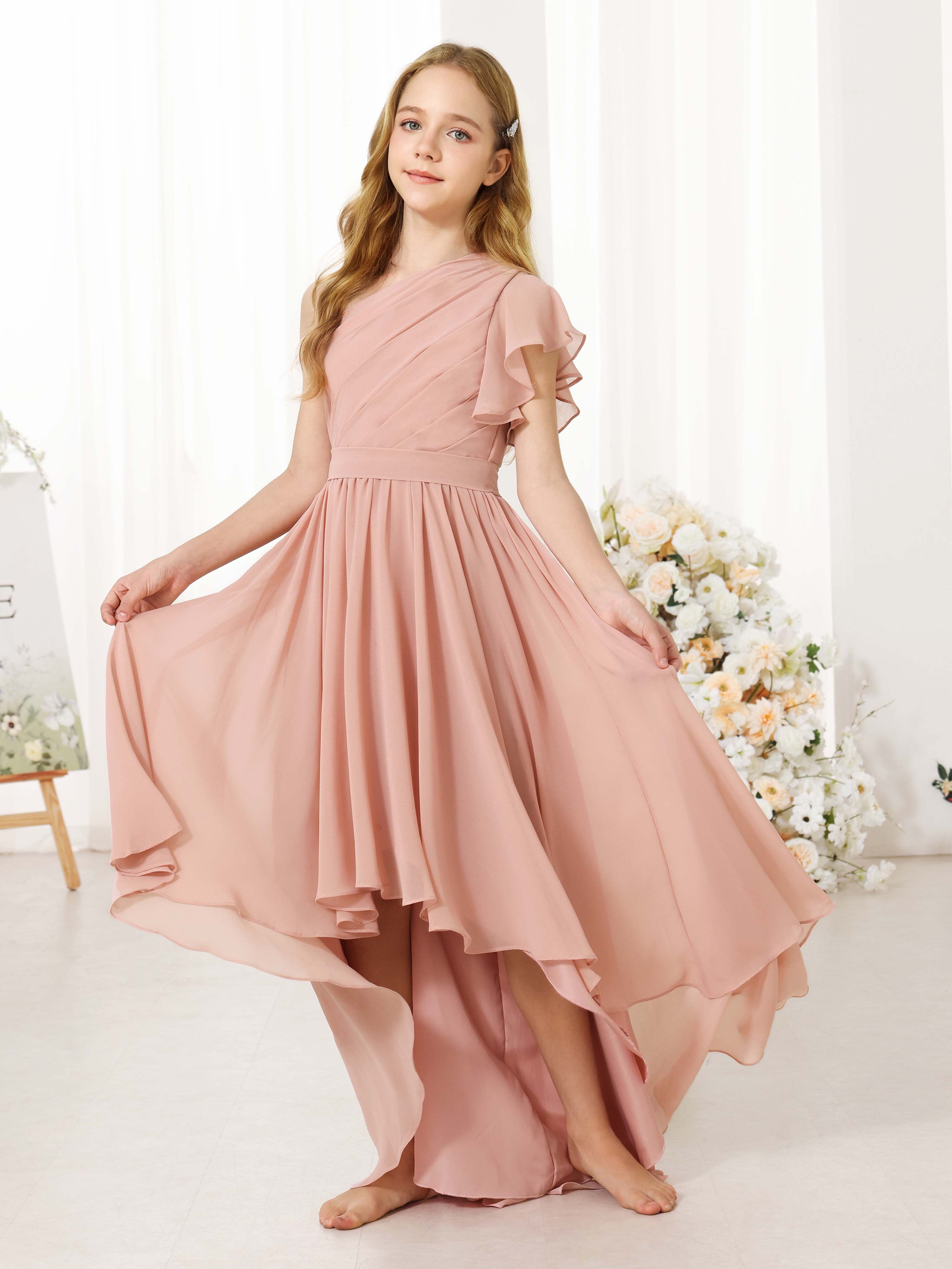 A-Line/Princess Chiffon Short Sleeves One-shoulder Asymmetrical  Flower Girl Dresses