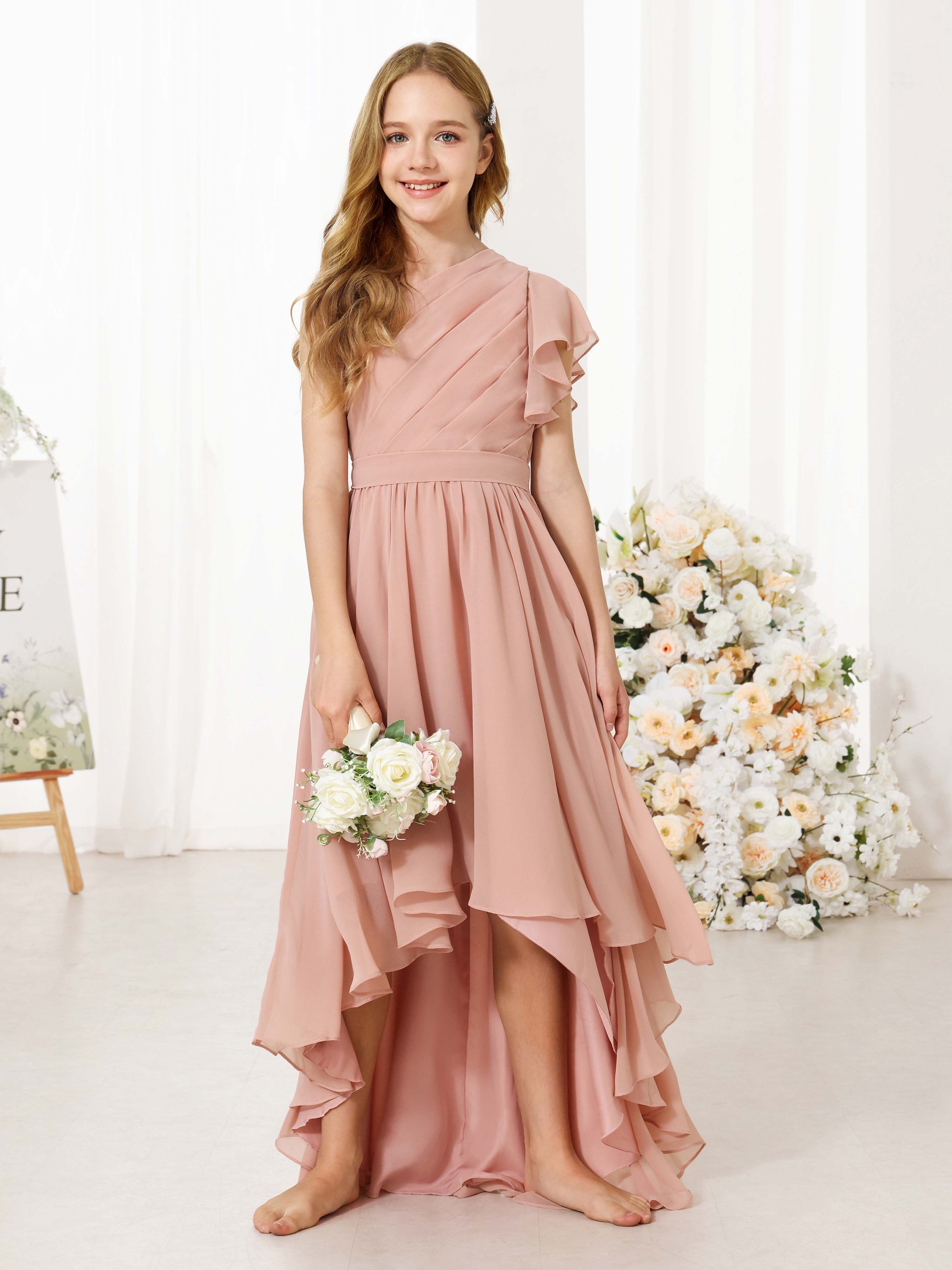 A-Line/Princess Chiffon Short Sleeves One-shoulder Asymmetrical  Flower Girl Dresses As Pic