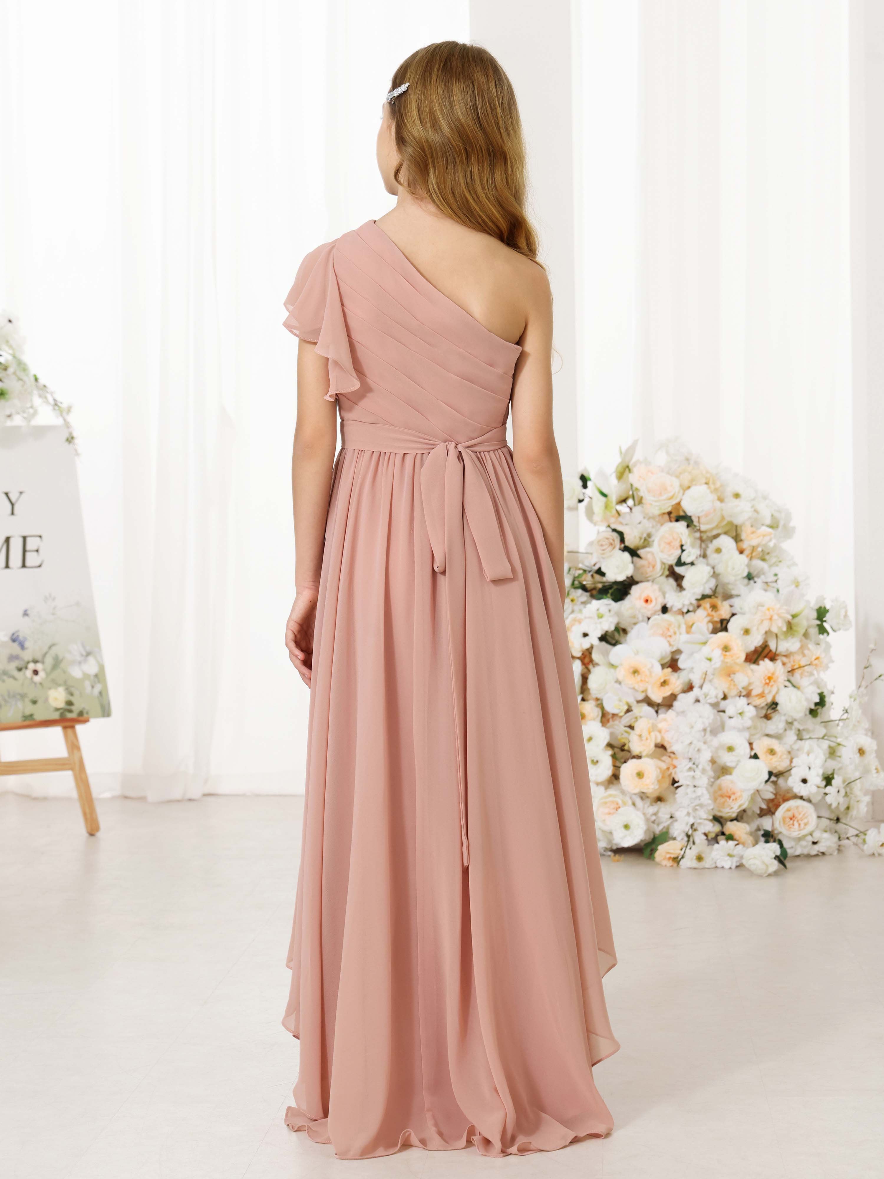 A-Line/Princess Chiffon Short Sleeves One-shoulder Asymmetrical  Flower Girl Dresses