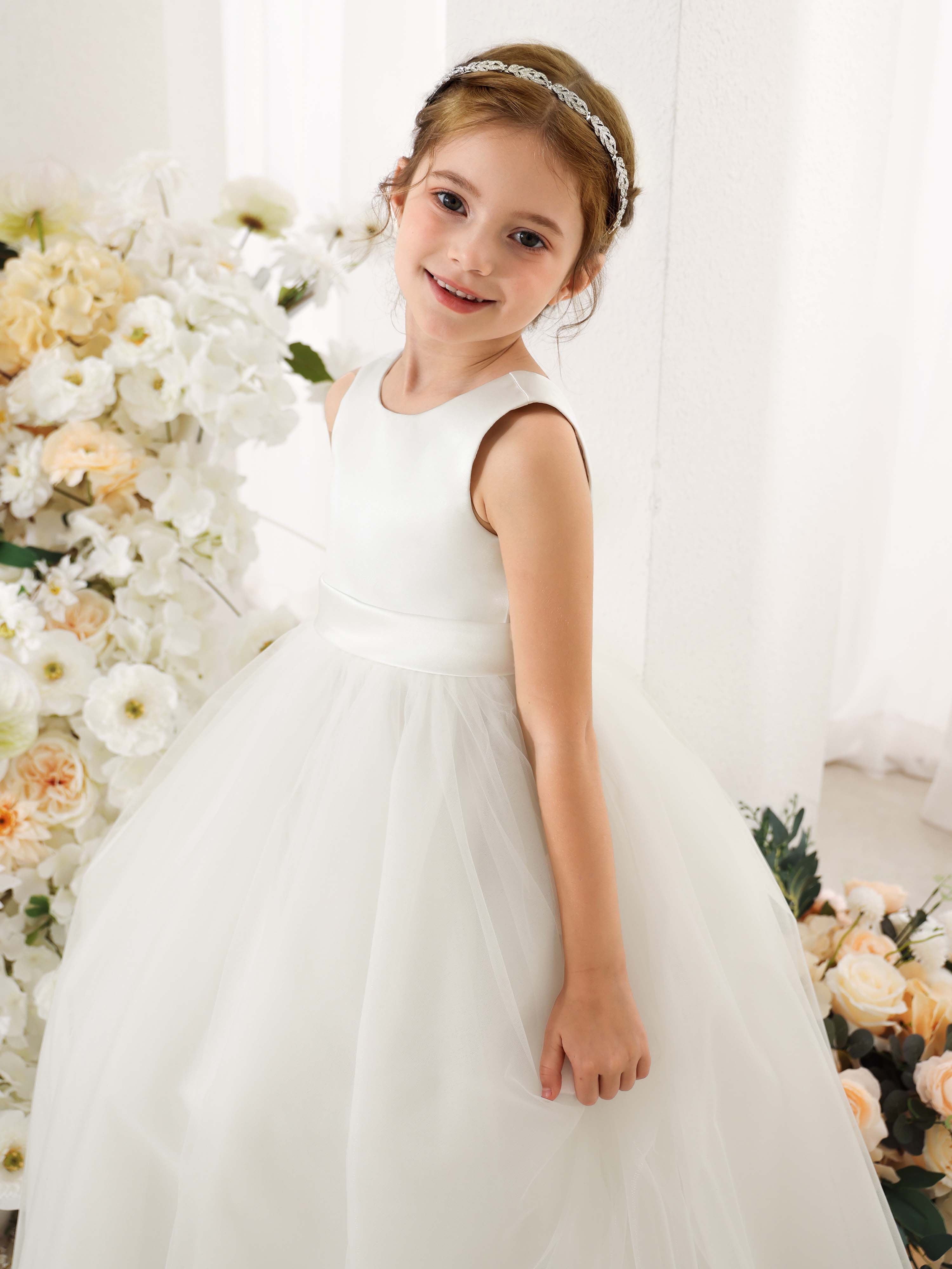 Ball-Gown Tulle Satin Sleeveless Scoop Neck Floor-Length  Flower Girl Dresses