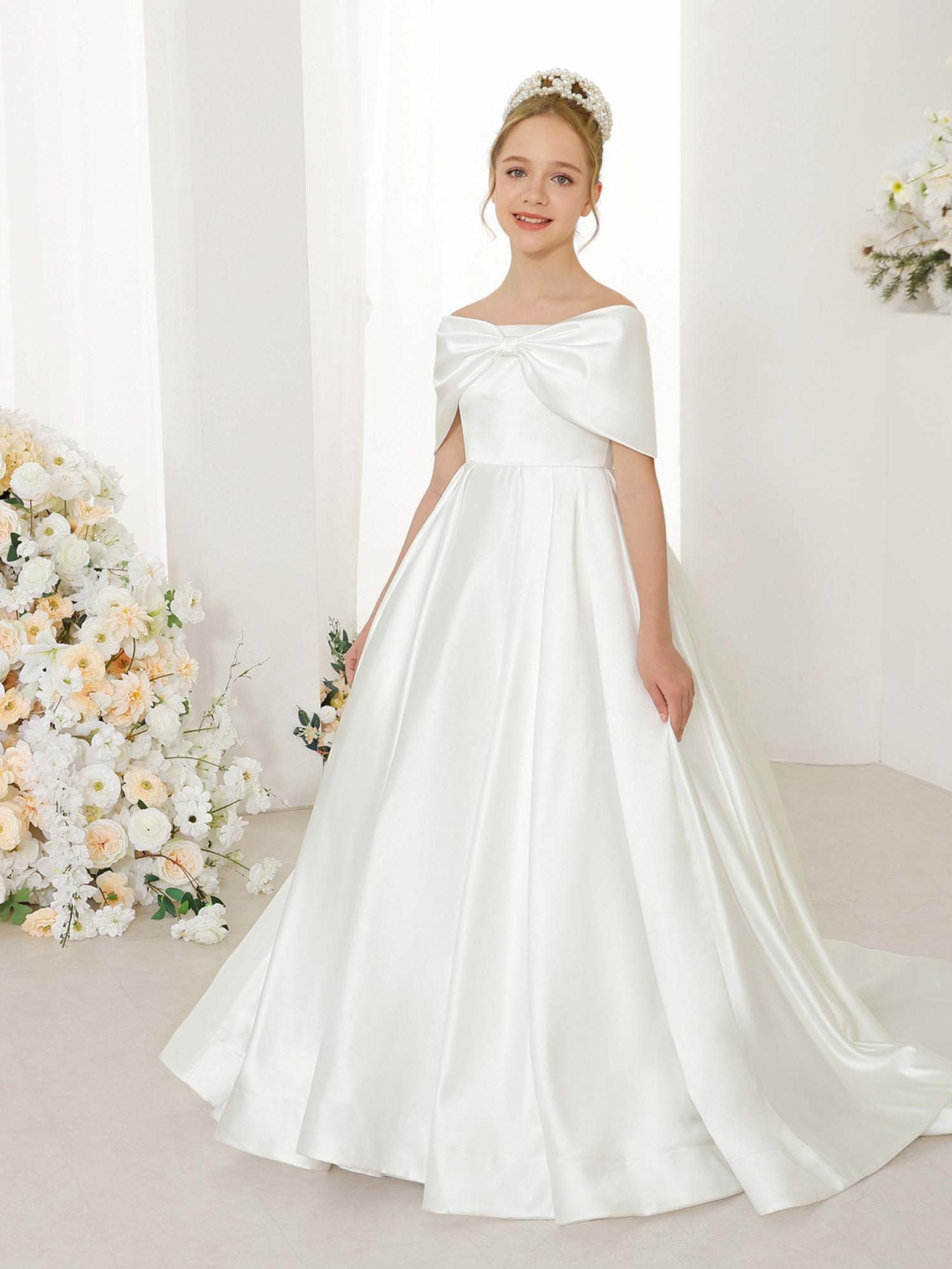 Empire Satin Short Sleeves Off-the-shoulder Floor-Length  Flower Girl Dresses White