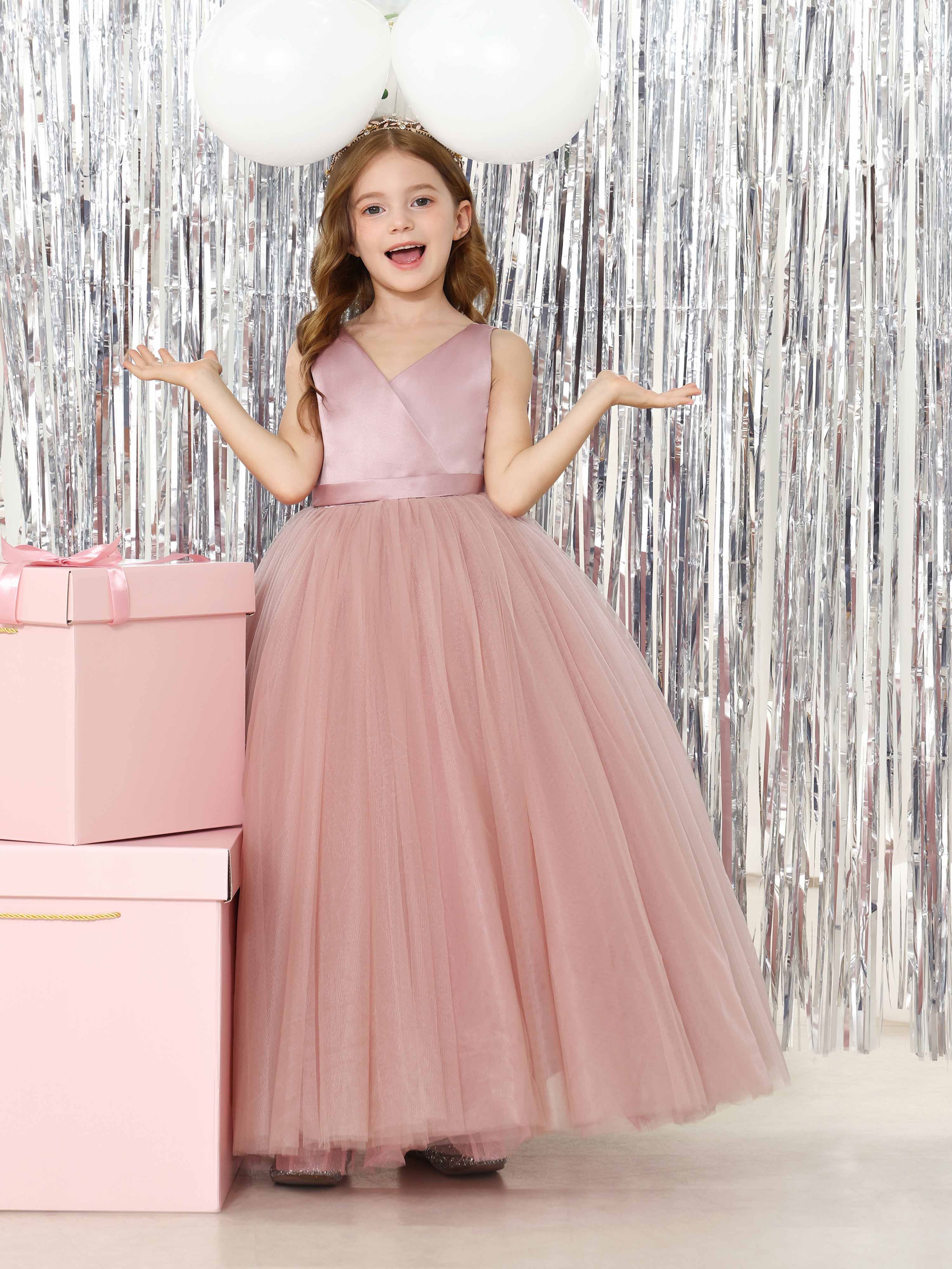 Ball-Gown Satin Sleeveless V-Neck Floor-Length Flower Girl Dresses As Pic
