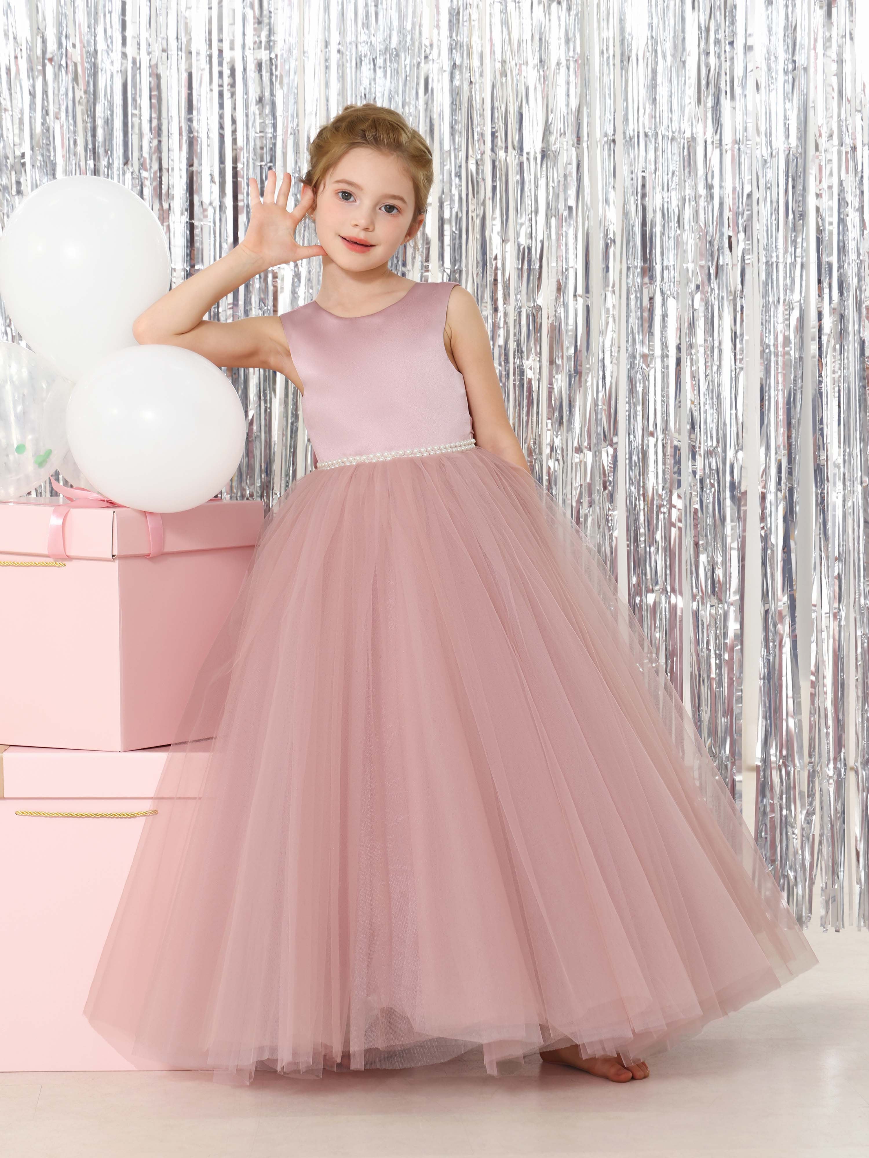 Ball-Gown Tulle  Satin Sleeveless Scoop Neck Floor-Length Flower Girl Dresses As Pic