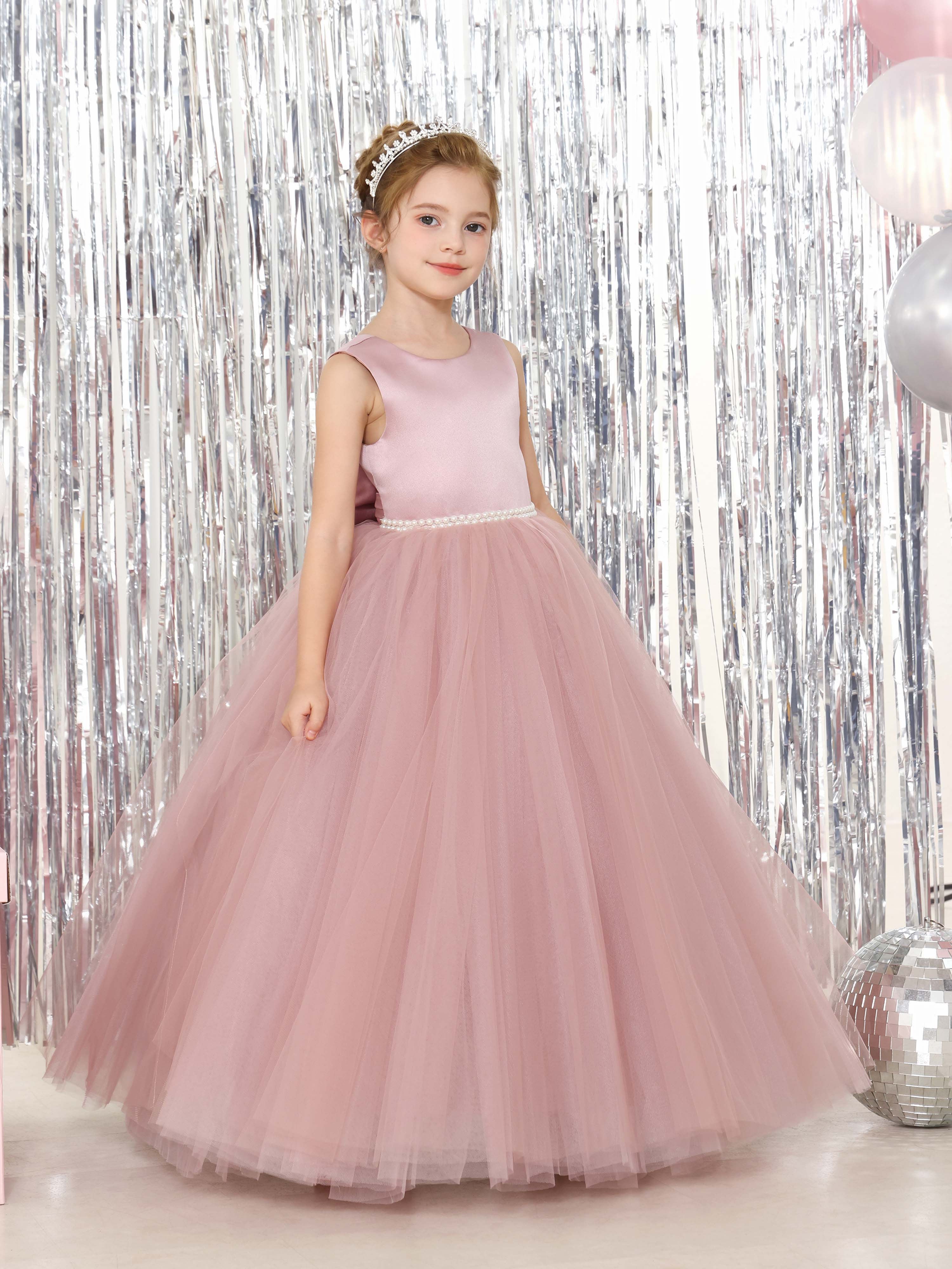 Ball-Gown Tulle  Satin Sleeveless Scoop Neck Floor-Length Flower Girl Dresses