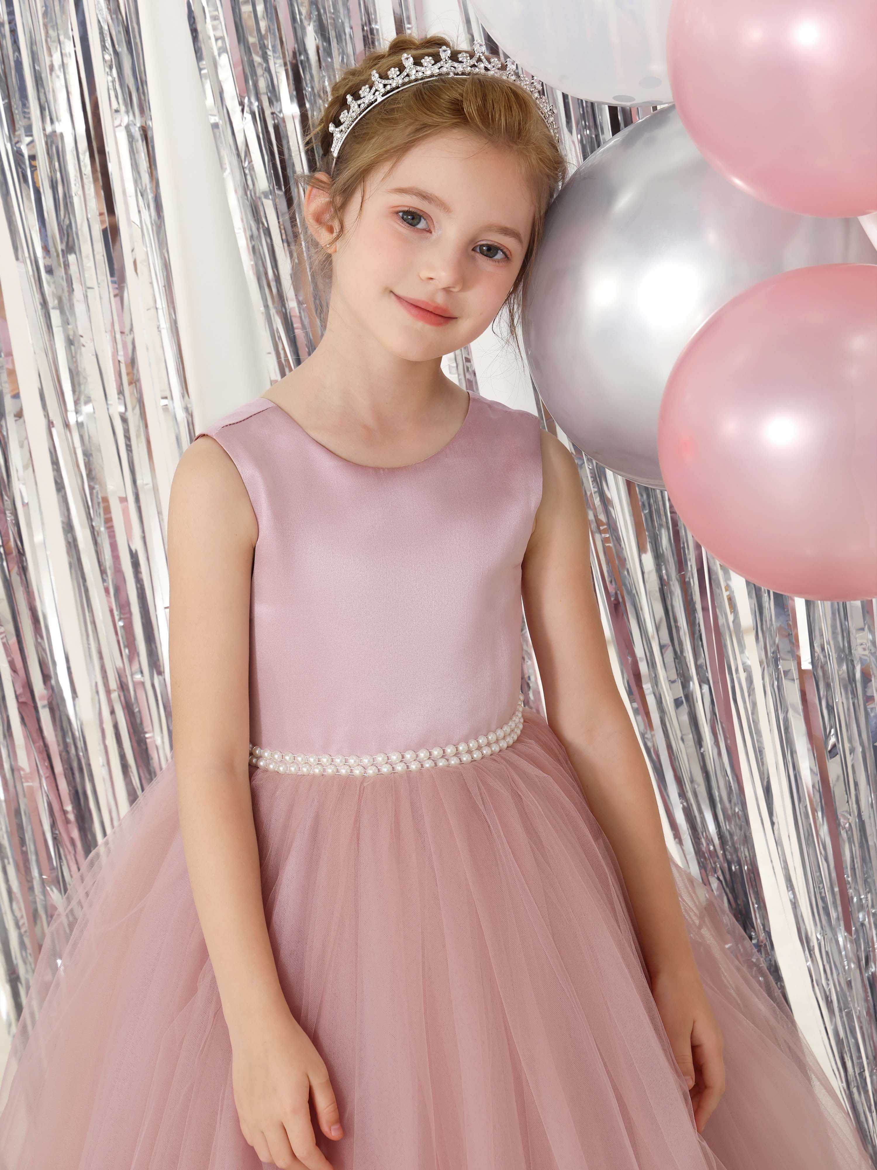 Ball-Gown Tulle  Satin Sleeveless Scoop Neck Floor-Length Flower Girl Dresses
