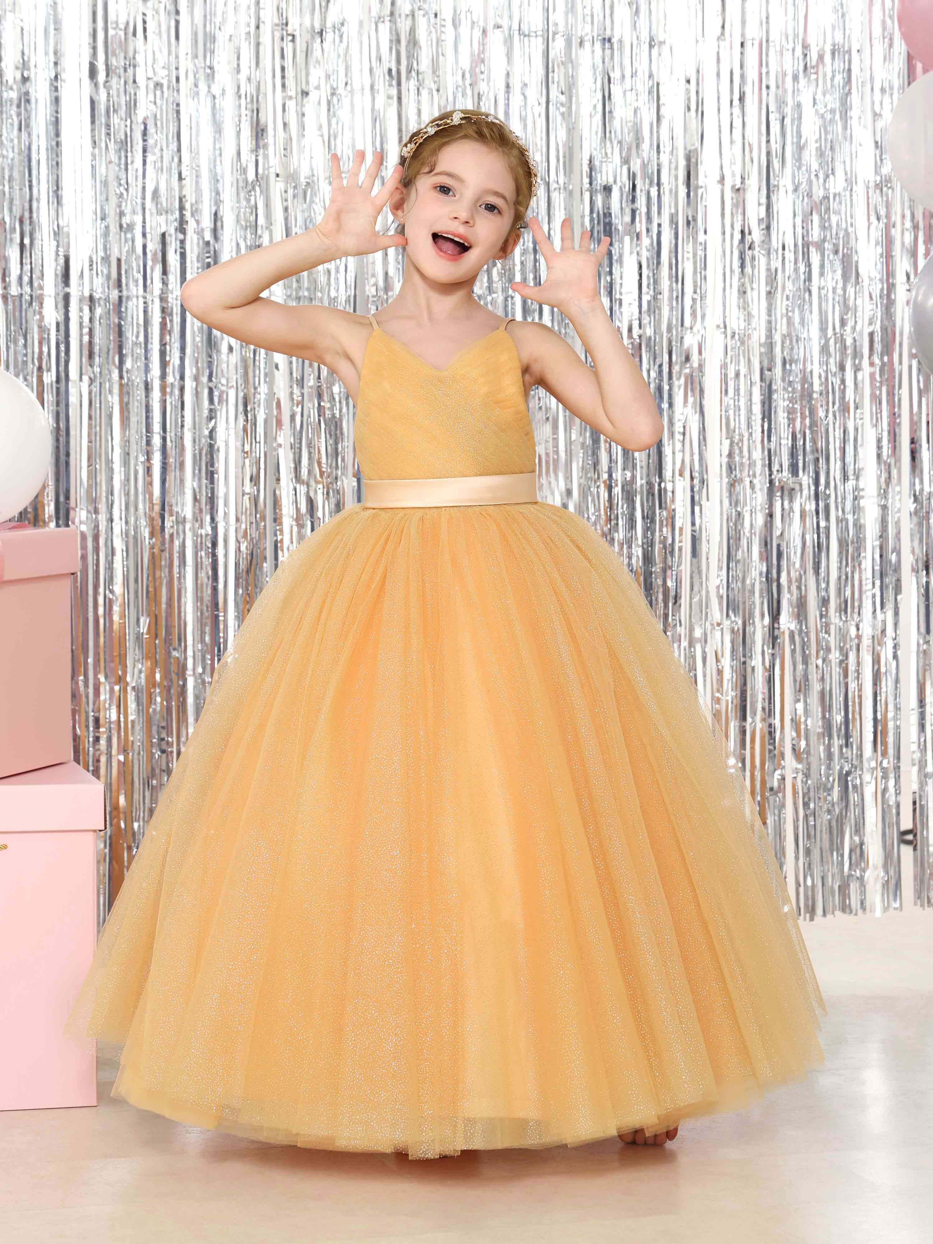 Ball-Gown Tulle Sleeveless V-Neck Floor-Length Flower Girl Dresses Orange