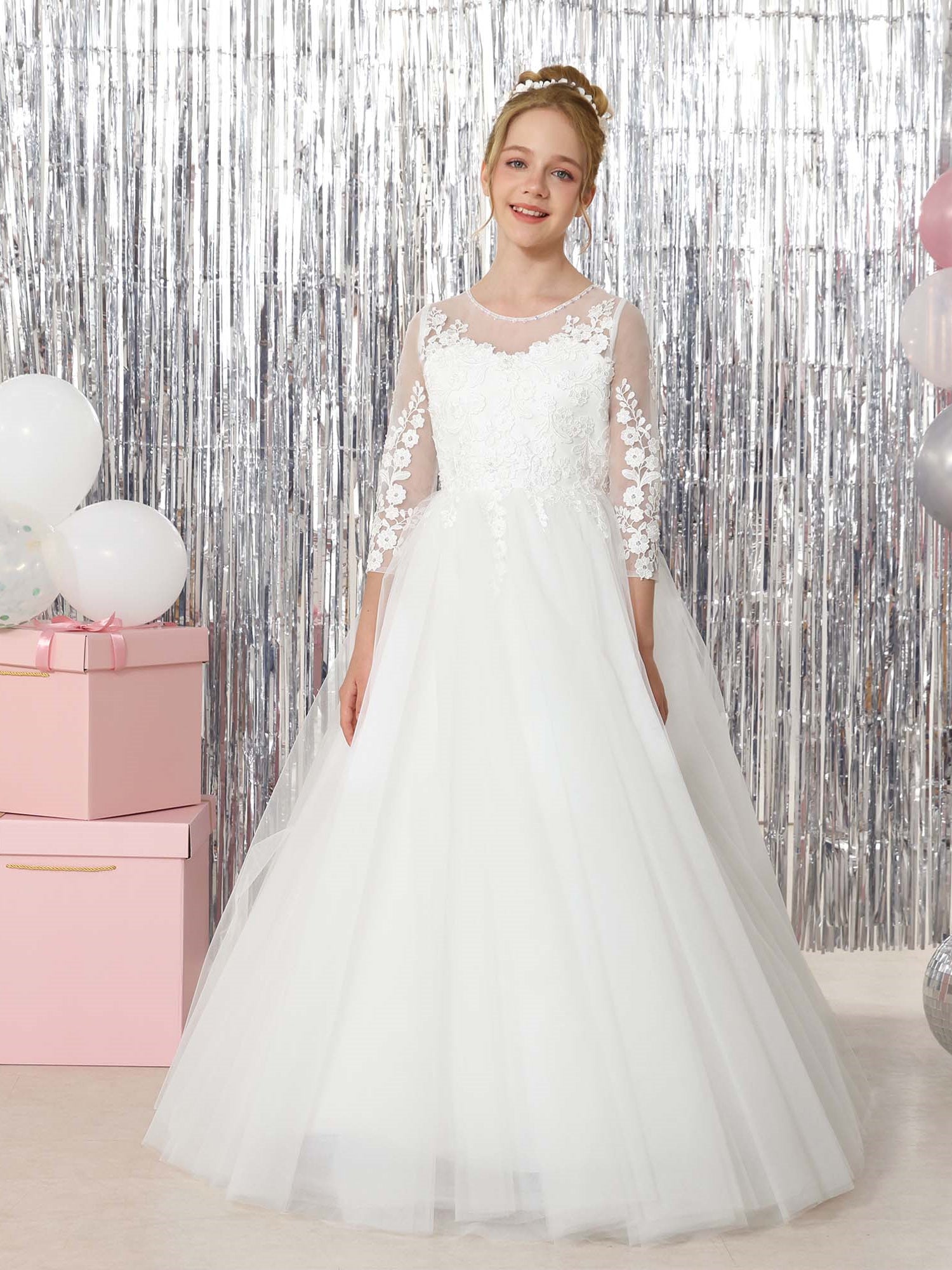 Ball-Gown 3/4 Sleeves Scoop Neck Floor-Length Flower Girl Dresses White