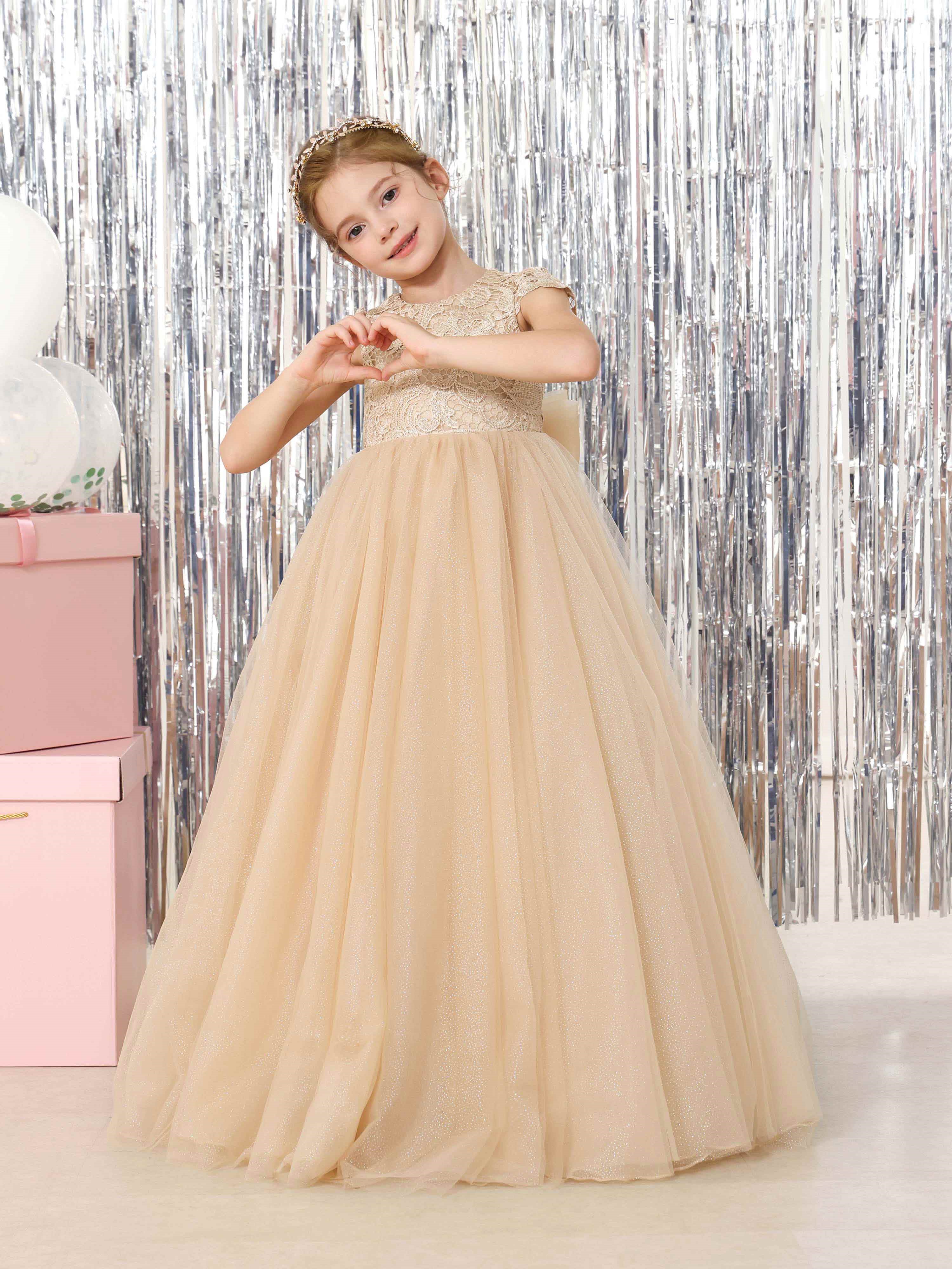 Ball-Gown Tulle  Short Sleeves Scoop Neck Floor-Length Flower Girl Dresses As Pic