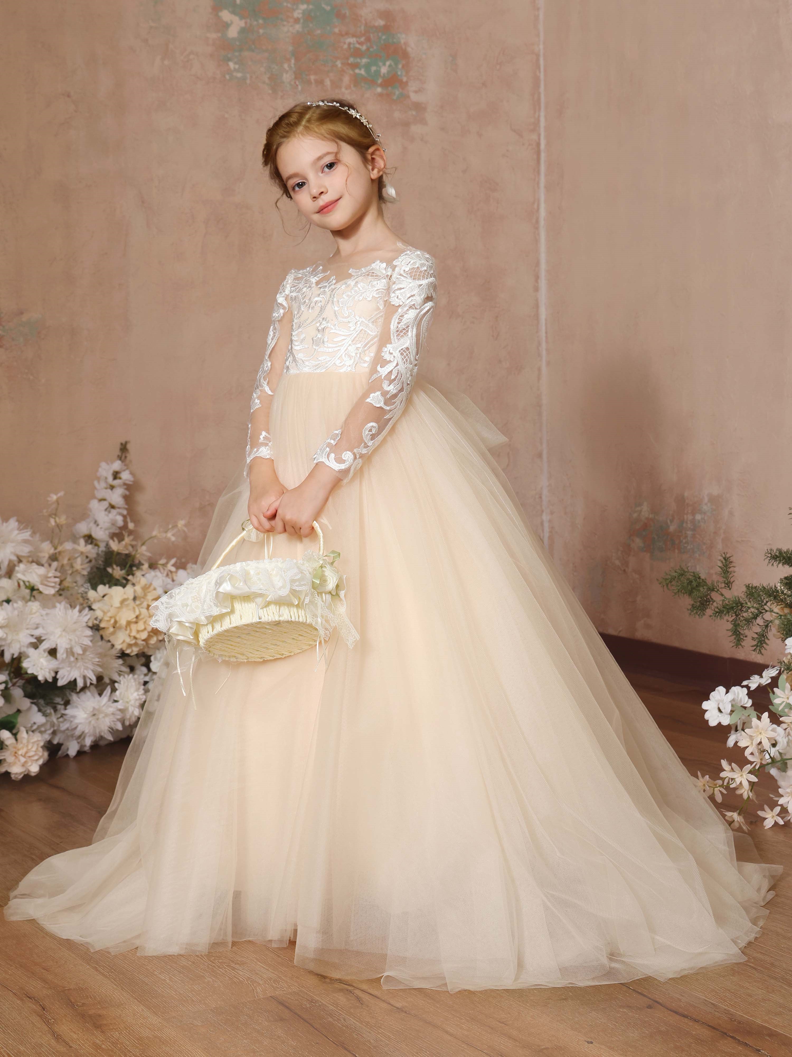 Ball-Gown Lace Long Sleeves Cap Straps Floor-Length Flower Girl Dresses As Pic