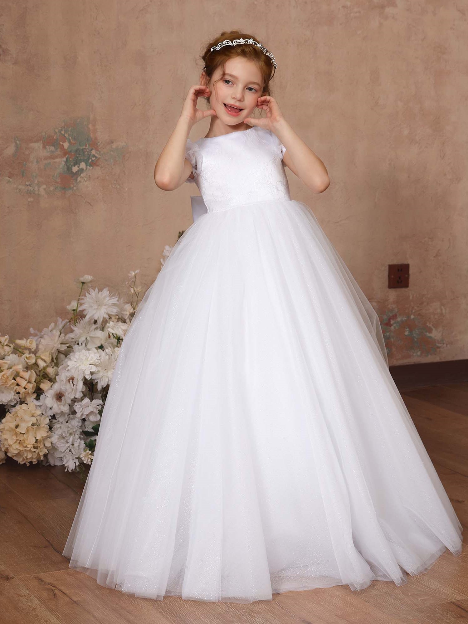 Ball-Gown Tulle Short Sleeves Scoop Neck Floor-Length Flower Girl Dresses White
