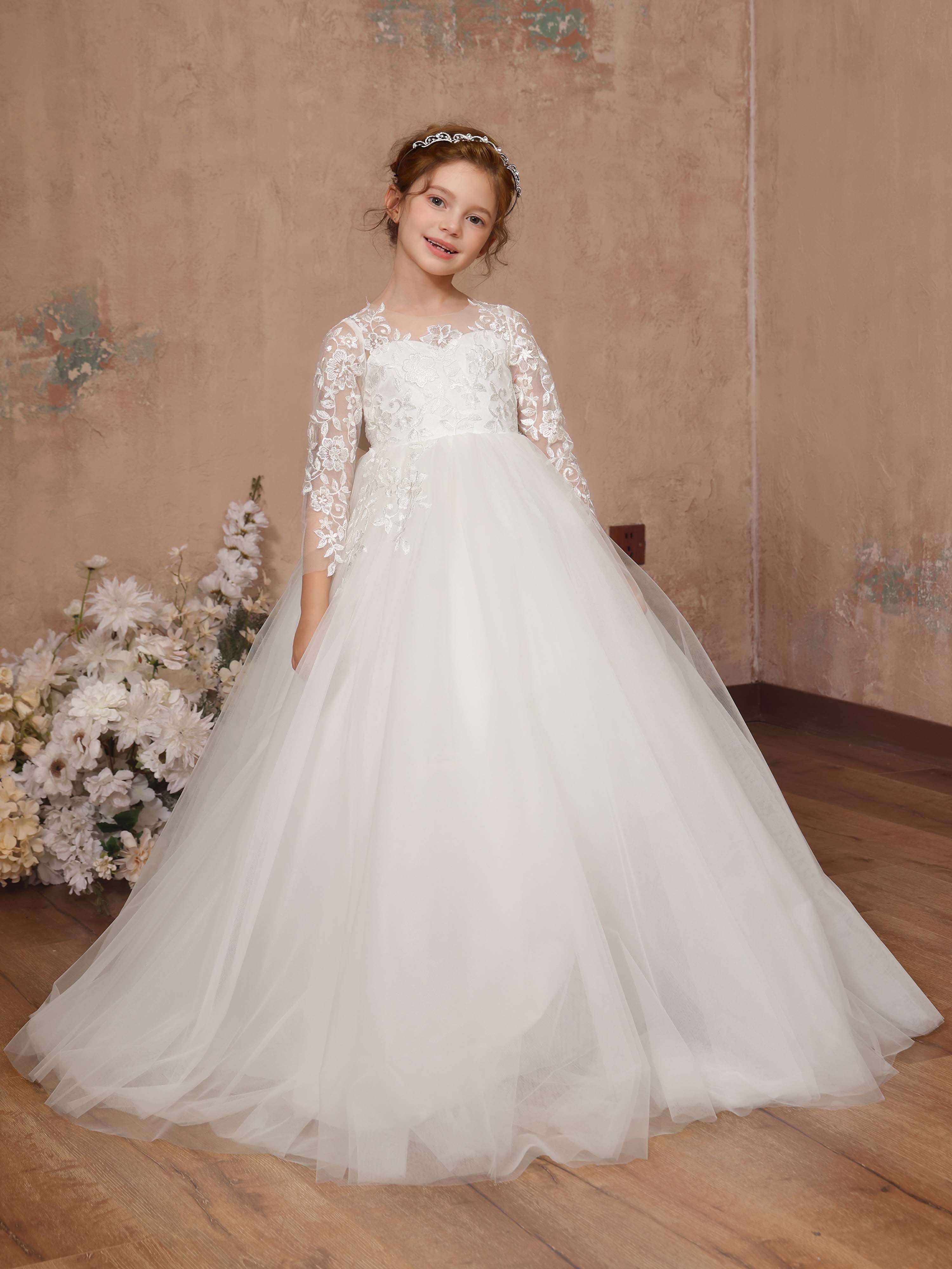 Ball-Gown Lace Tulle 3/4 Sleeves Scoop Neck Floor-Length Flower Girl Dresses White