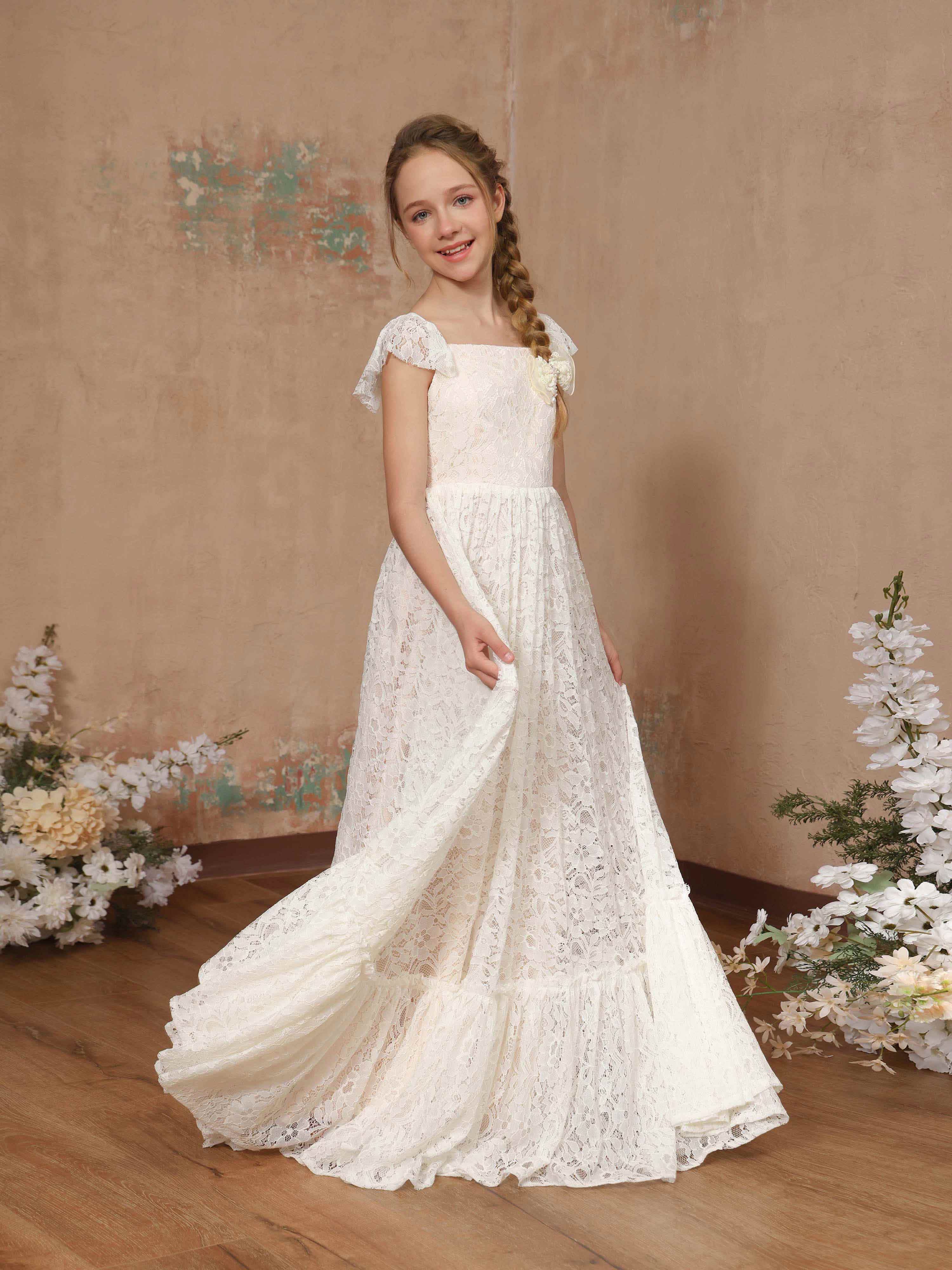 A-Line/Princess Lace Short Sleeves Square Neck Floor-Length Flower Girl Dresses Ivory