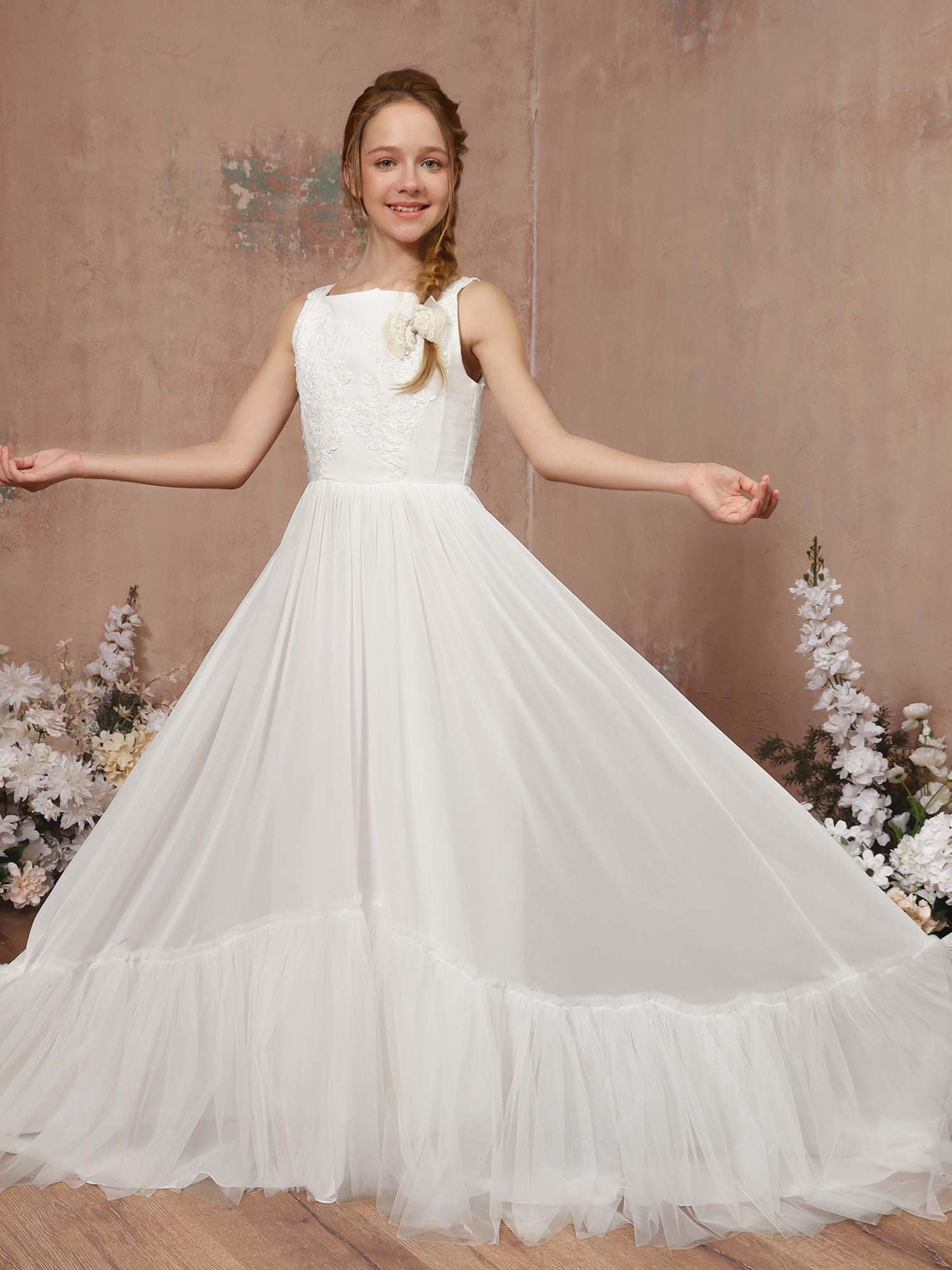 A-Line/Princess Tulle Sleeveless Square Neck Floor-Length Flower Girl Dresses