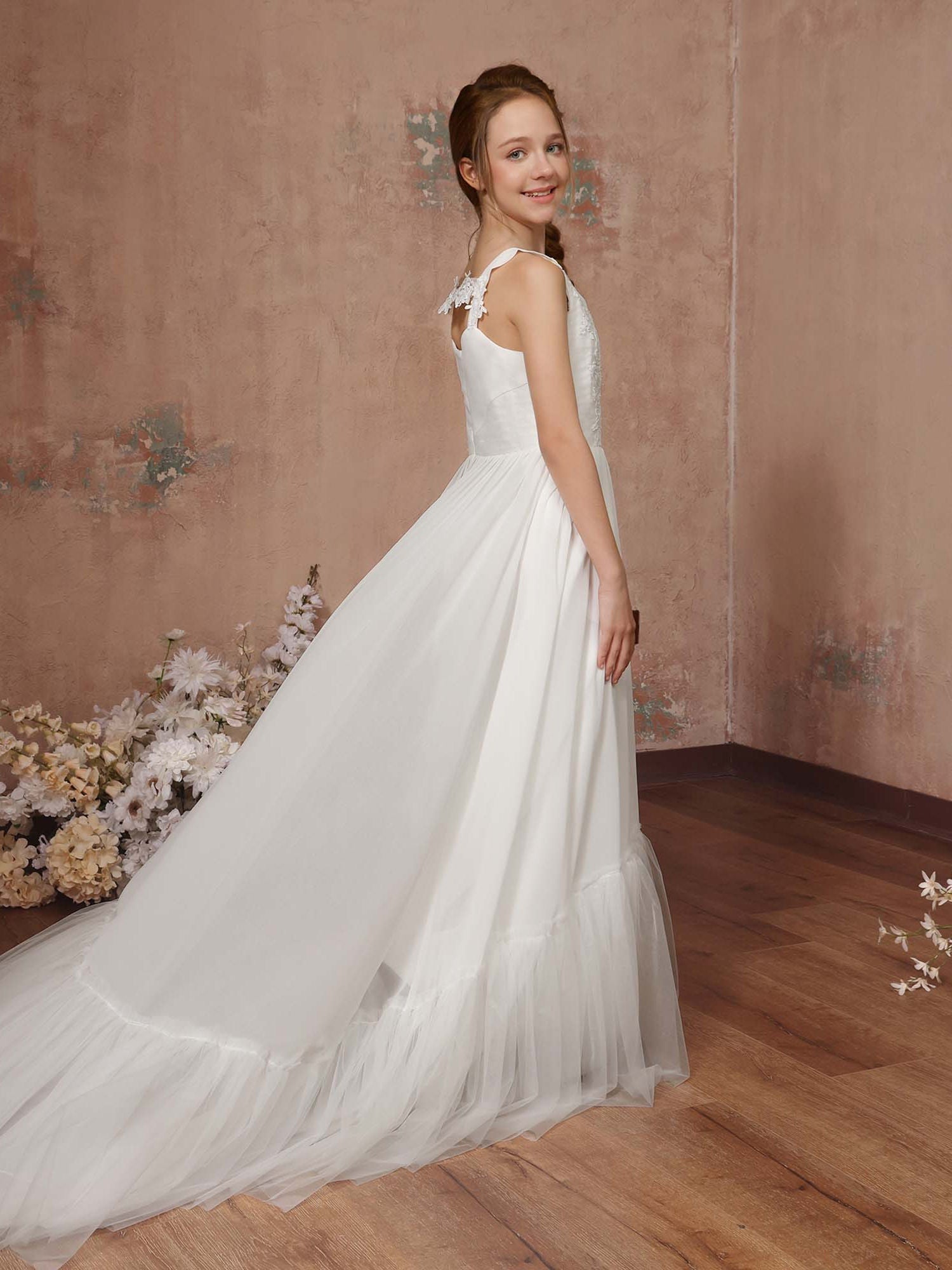 A-Line/Princess Tulle Sleeveless Square Neck Floor-Length Flower Girl Dresses
