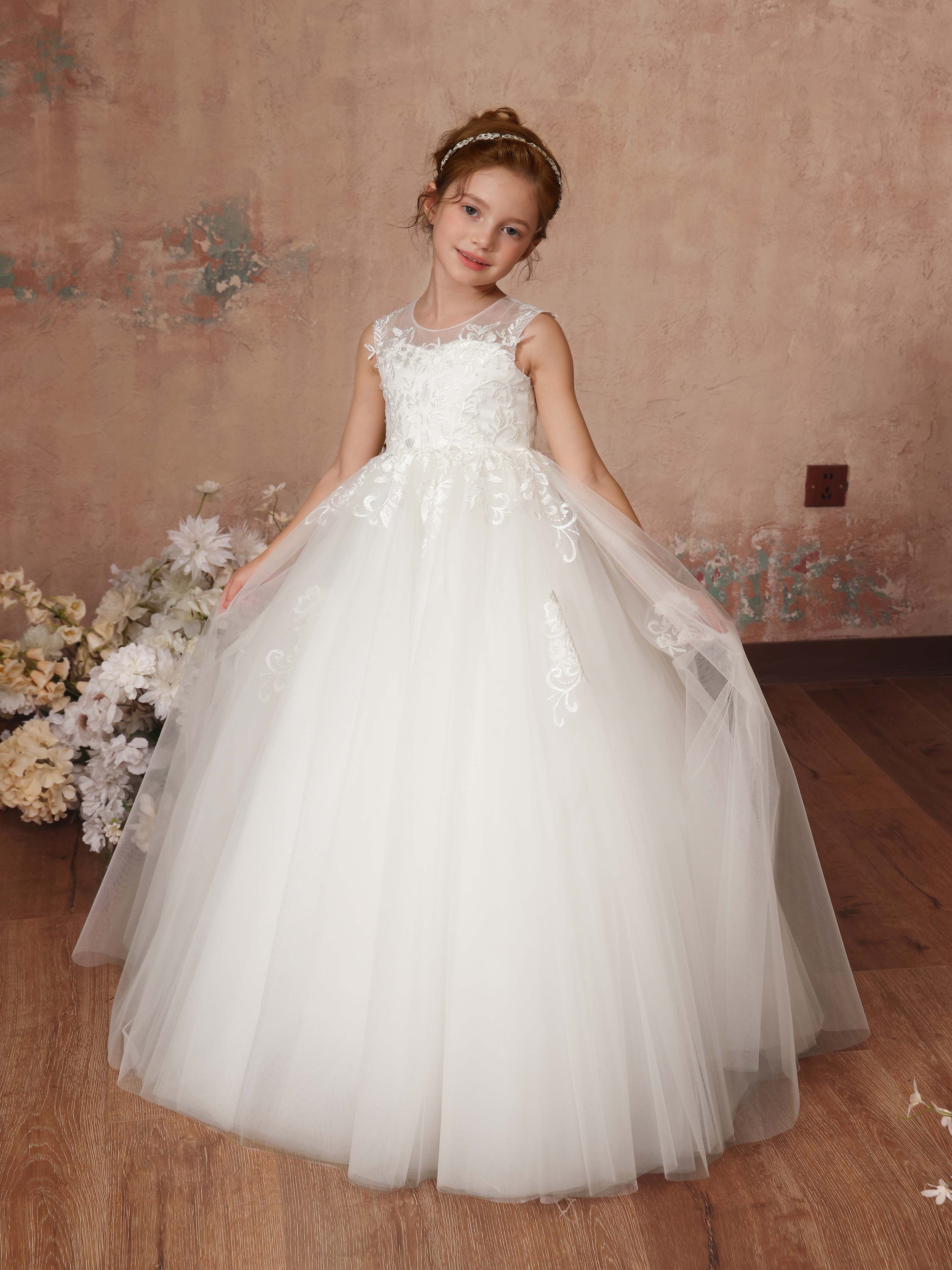 Ball-Gown Tulle Sleeveless Scoop Neck Floor-Length Flower Girl Dresses White