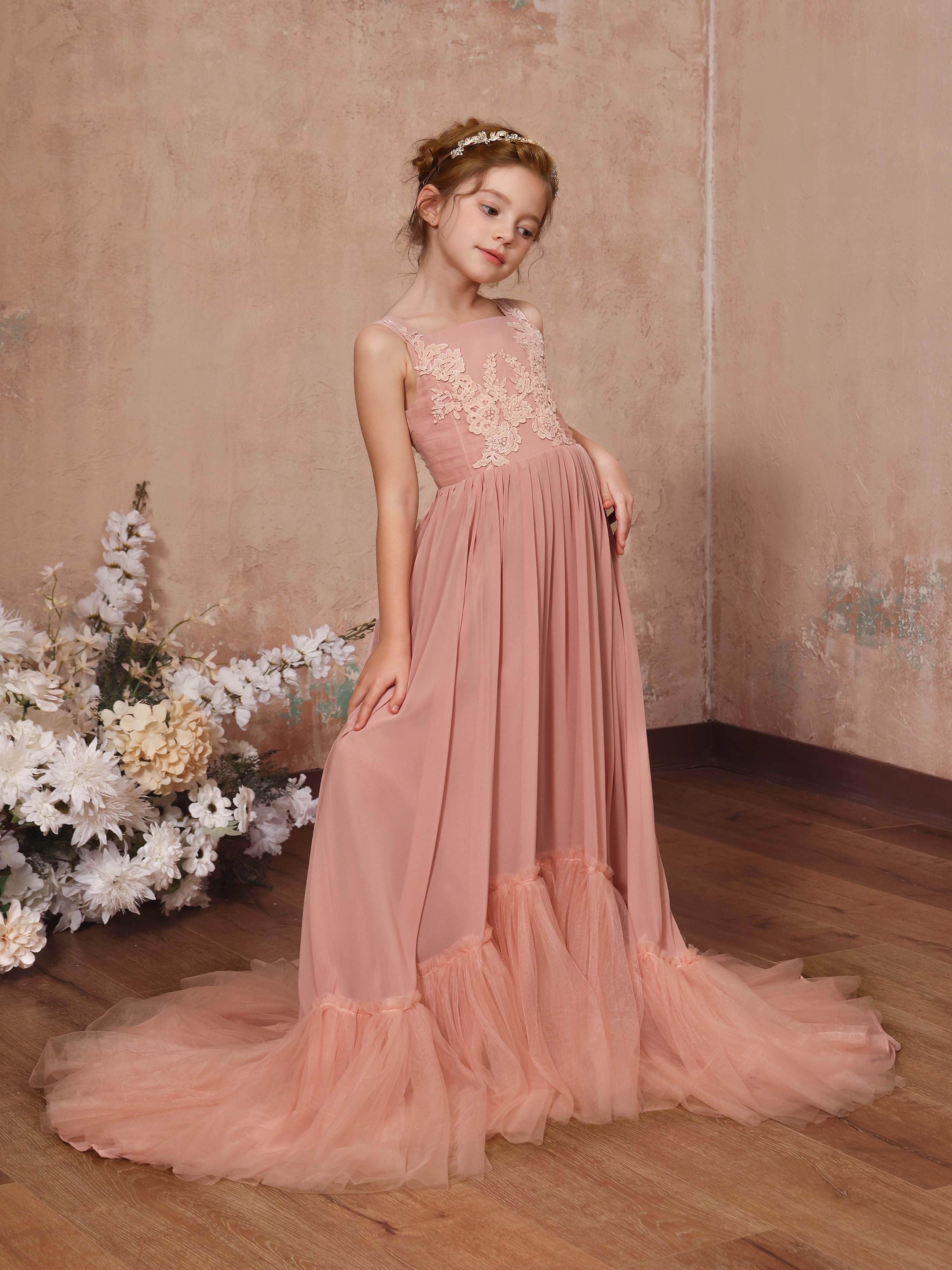 A-Line/Princess Chiffon Sleeveless Square Neck Floor-Length Flower Girl Dresses As Pic