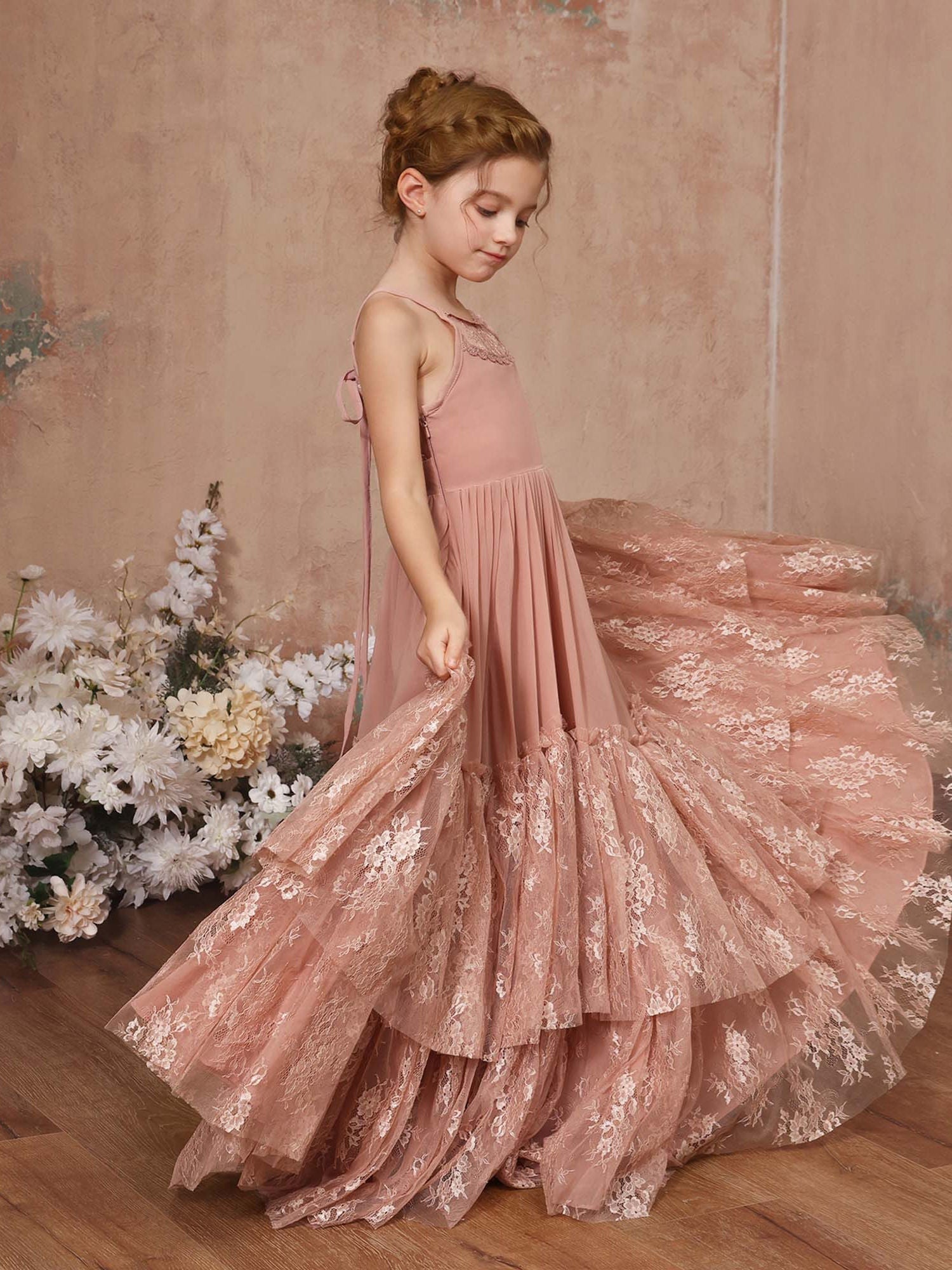 A-Line/Princess Lace Chiffon Sleeveless Scoop Neck Floor-Length Flower Girl Dresses