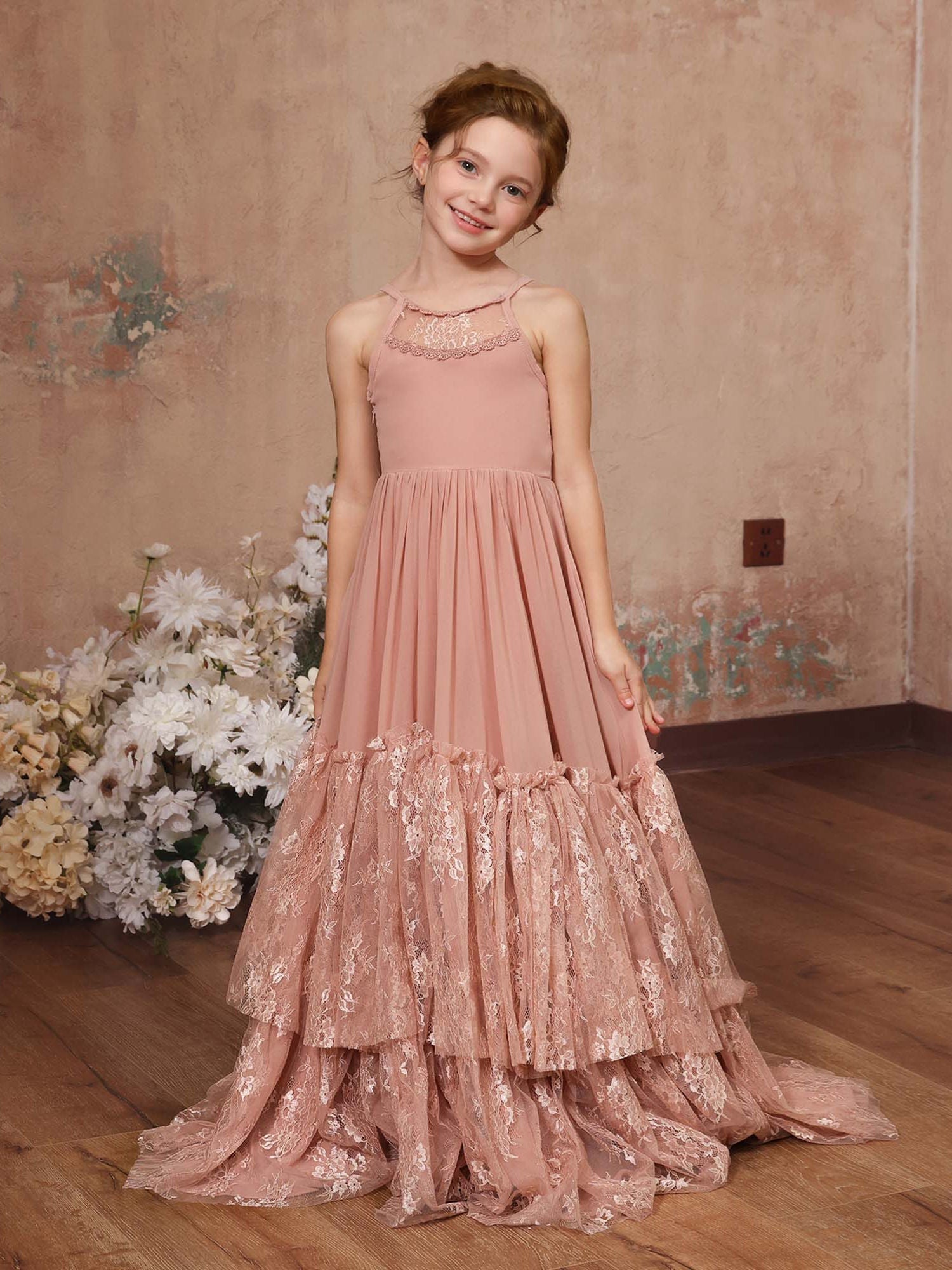 A-Line/Princess Lace Chiffon Sleeveless Scoop Neck Floor-Length Flower Girl Dresses As Pic