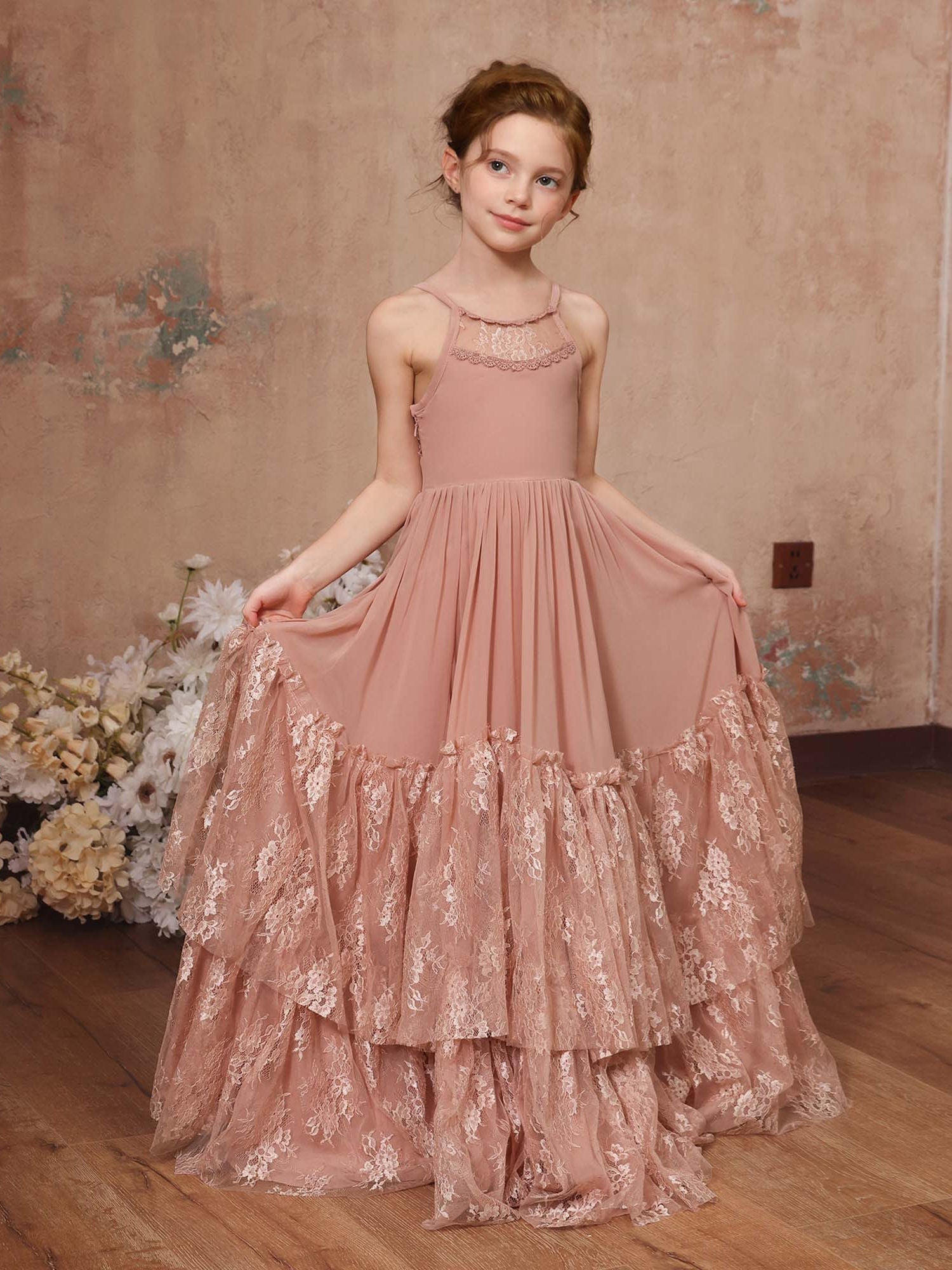 A-Line/Princess Lace Chiffon Sleeveless Scoop Neck Floor-Length Flower Girl Dresses