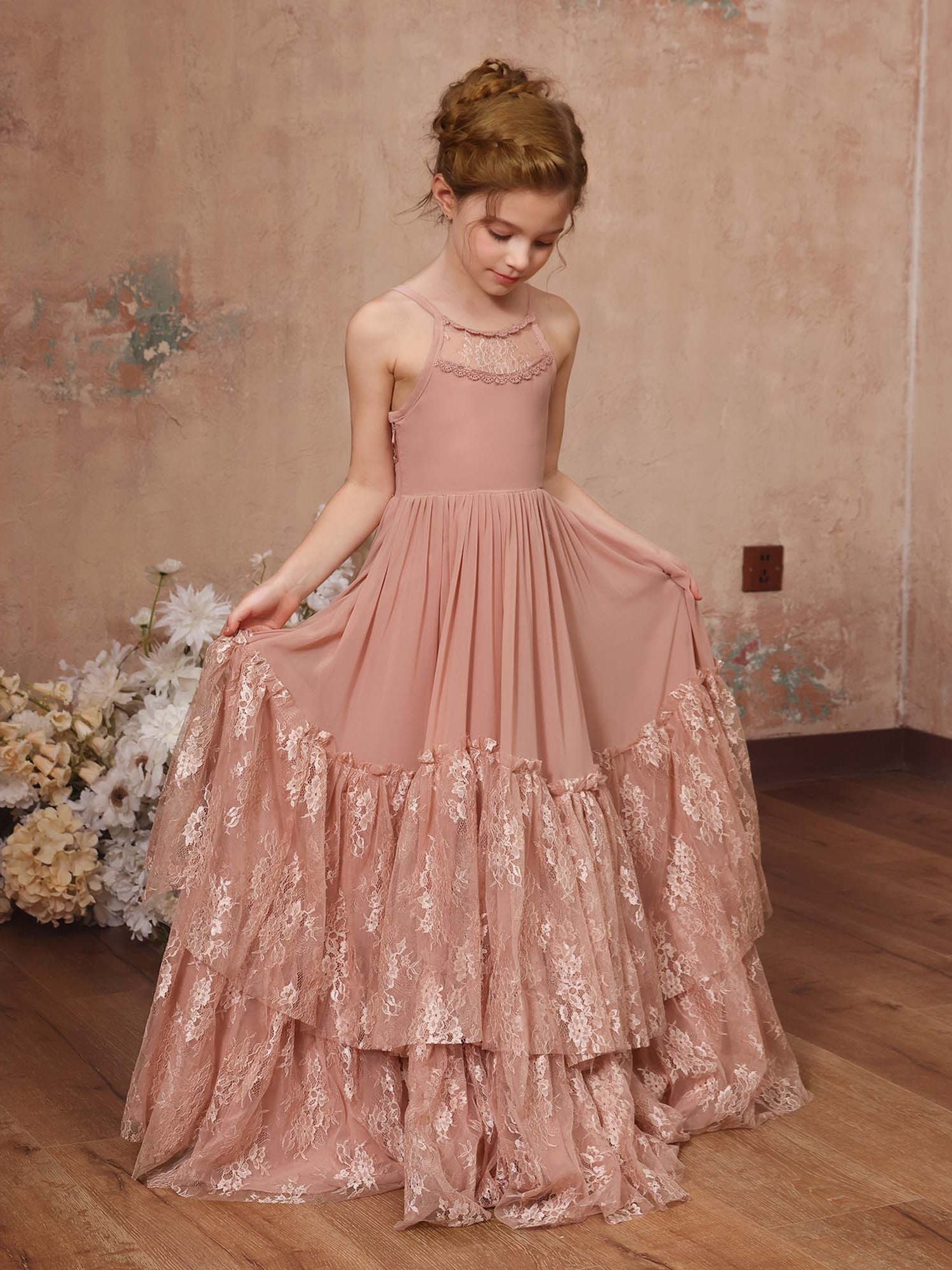 A-Line/Princess Lace Chiffon Sleeveless Scoop Neck Floor-Length Flower Girl Dresses