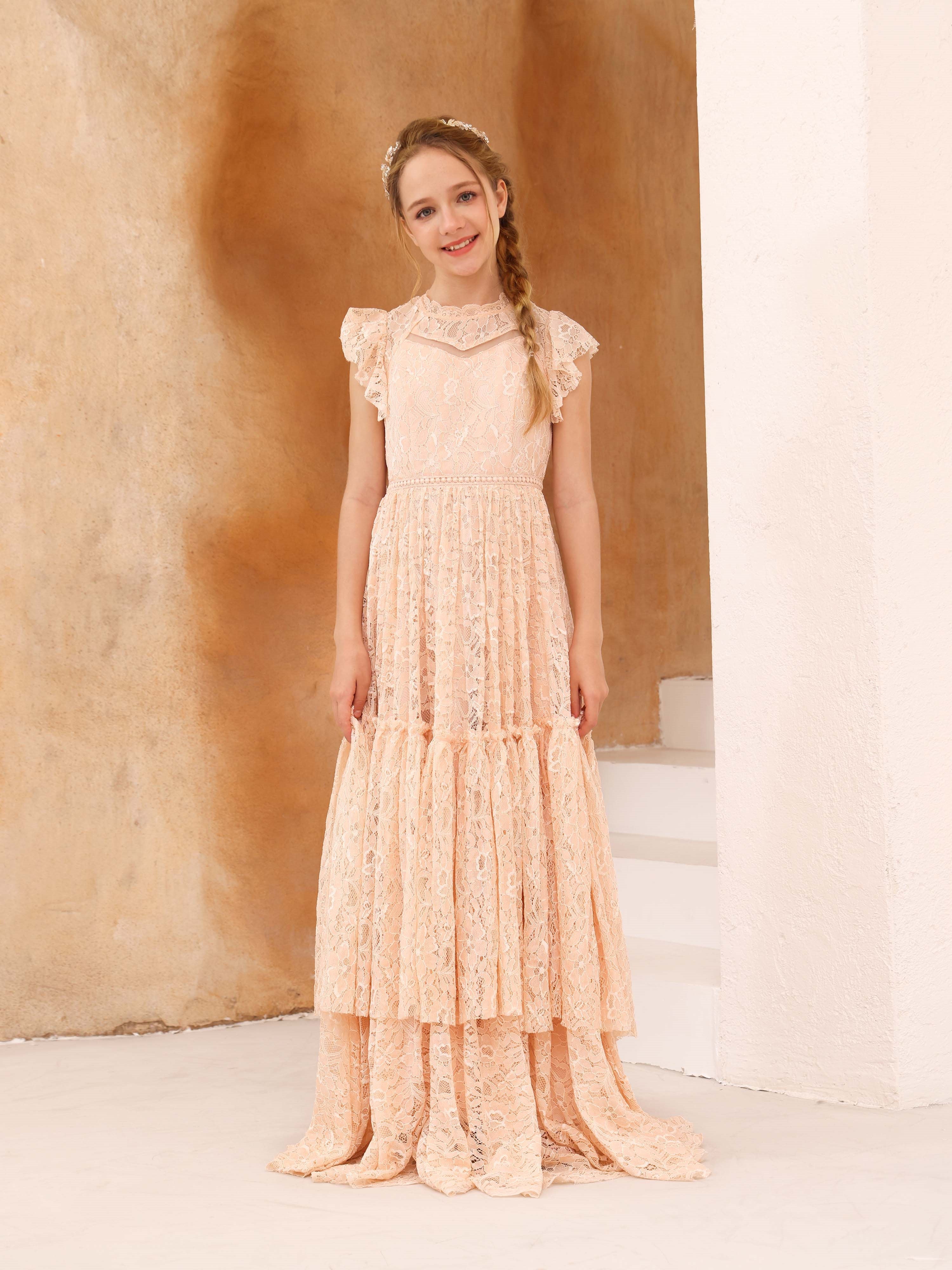 A-Line/Princess Lace Short Sleeves Scoop Neck Floor-Length Flower Girl Dresses As Pic