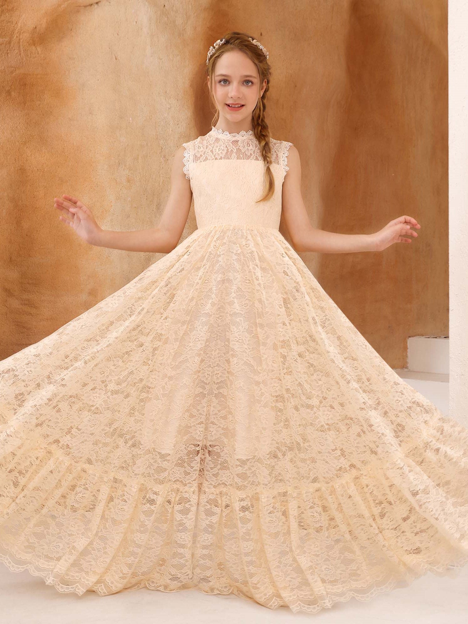 A-Line/Princess Lace Sleeveless Scoop Neck Floor-Length Flower Girl Dresses As Pic