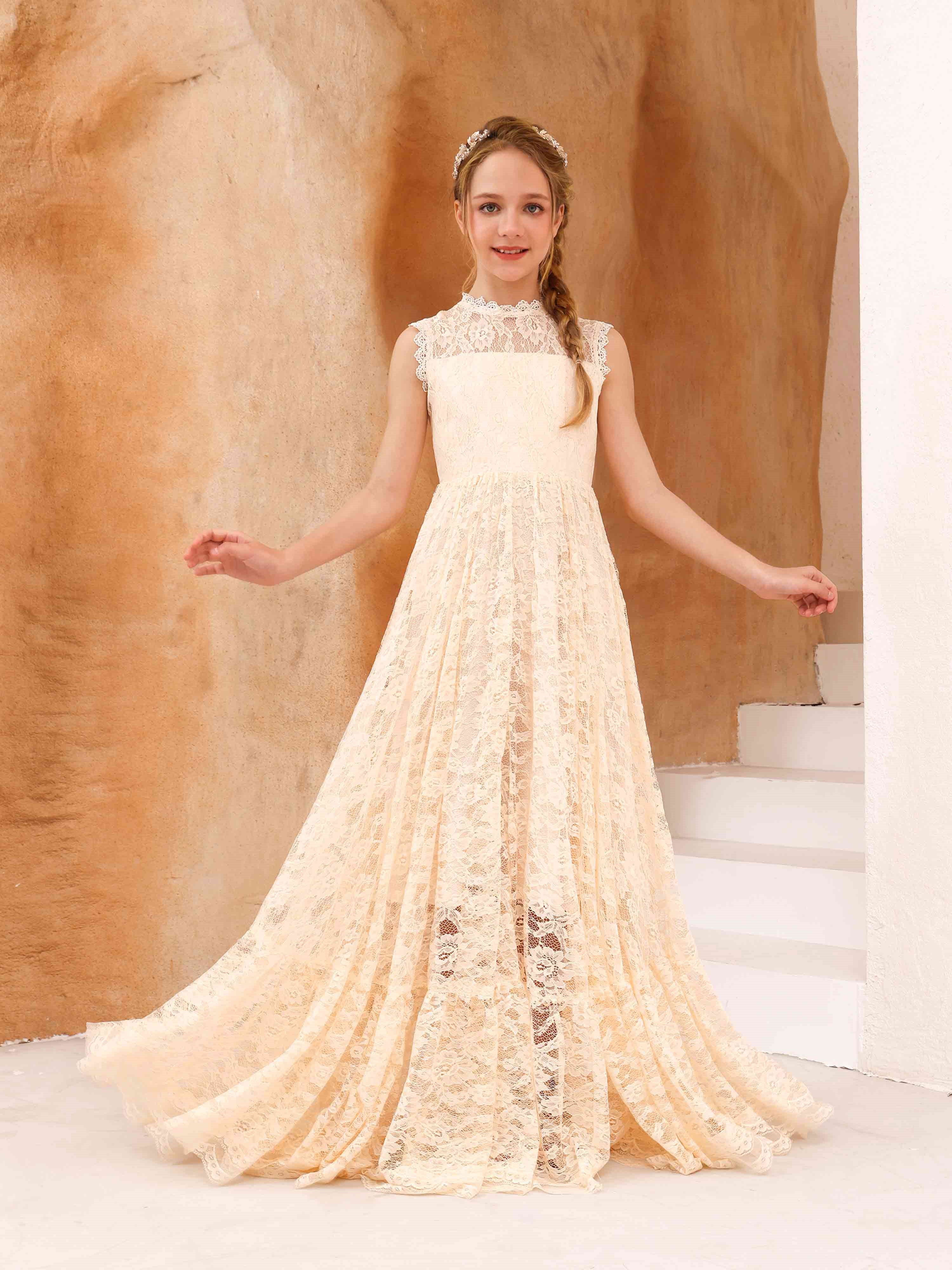 A-Line/Princess Lace Sleeveless Scoop Neck Floor-Length Flower Girl Dresses