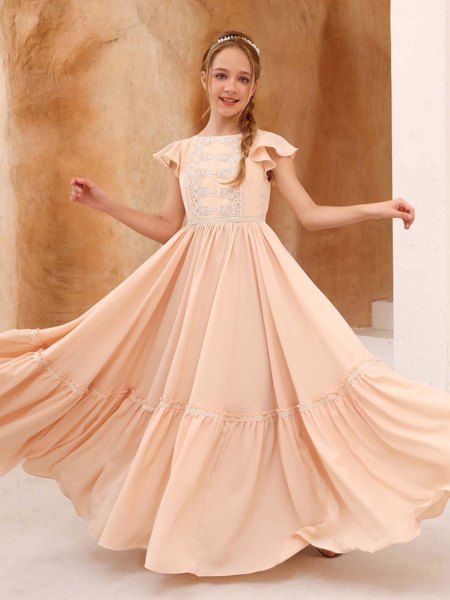 A-Line/Princess Chiffon Short Sleeves Scoop Neck Floor-Length Flower Girl Dresses As Pic