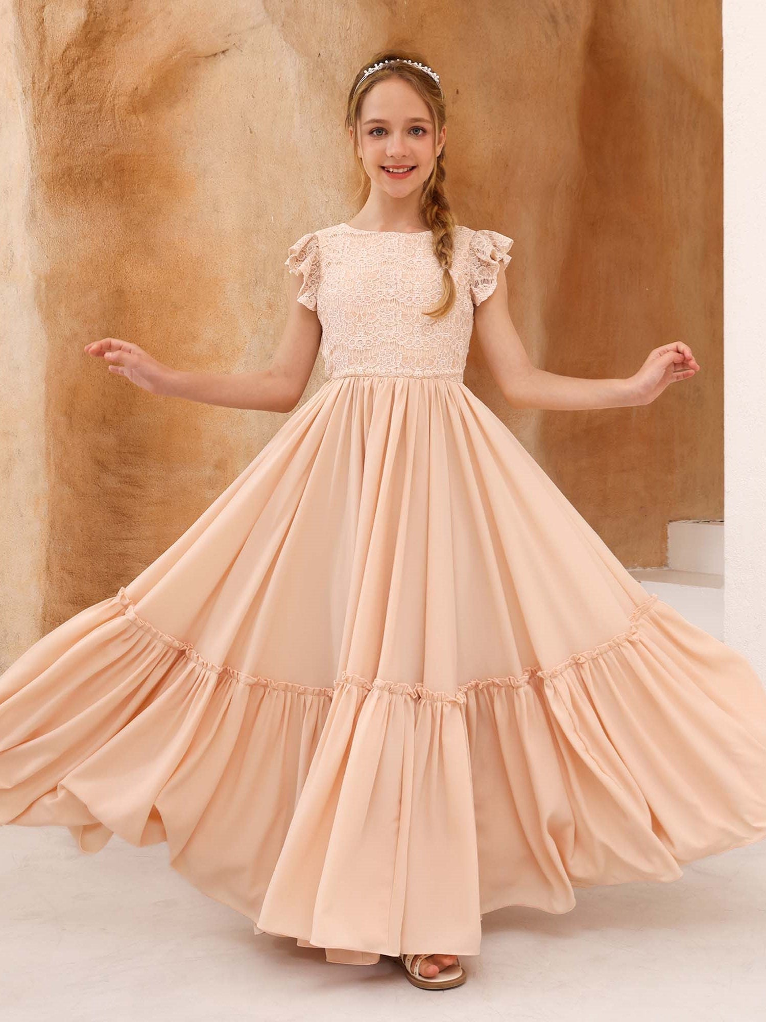 A-Line/Princess Lace Short Sleeves Scoop Neck Floor-Length Flower Girl Dresses As Pic