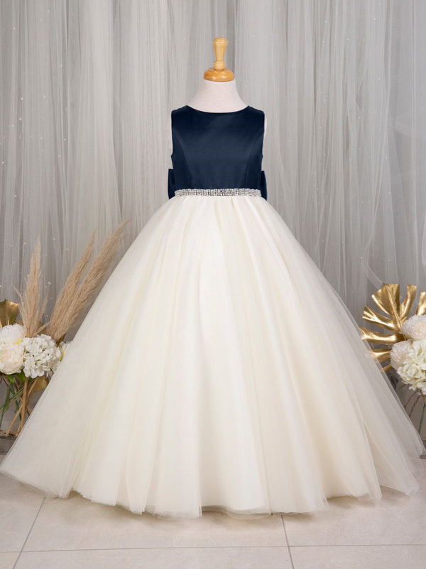 A-Line/Princess Satin Tulle Scoop Sleeveless Floor-Length Bow(s) Flower Girl Dresses Dark Navy