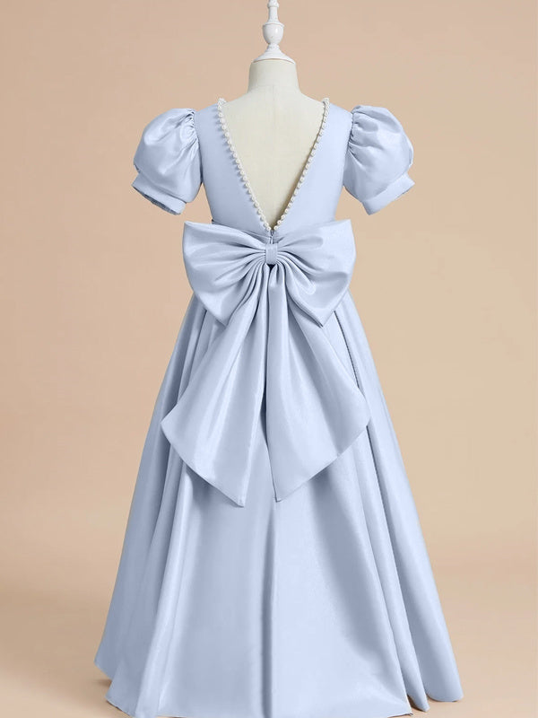 A-Line/Princess Satin Short Sleeves Floor-Length Beading Bow(s) Flower Girl Dresses Black