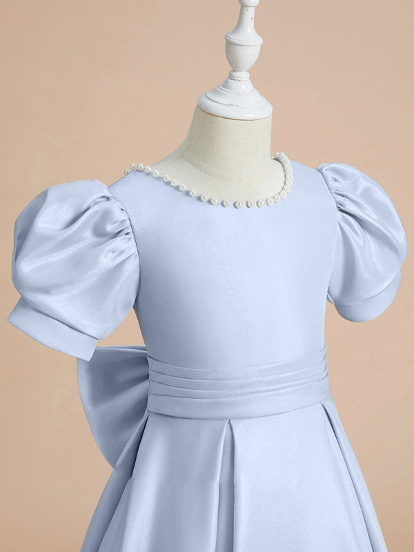 A-Line/Princess Satin Short Sleeves Floor-Length Beading Bow(s) Flower Girl Dresses Blue