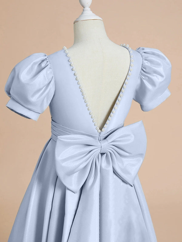 A-Line/Princess Satin Short Sleeves Floor-Length Beading Bow(s) Flower Girl Dresses Burgundy