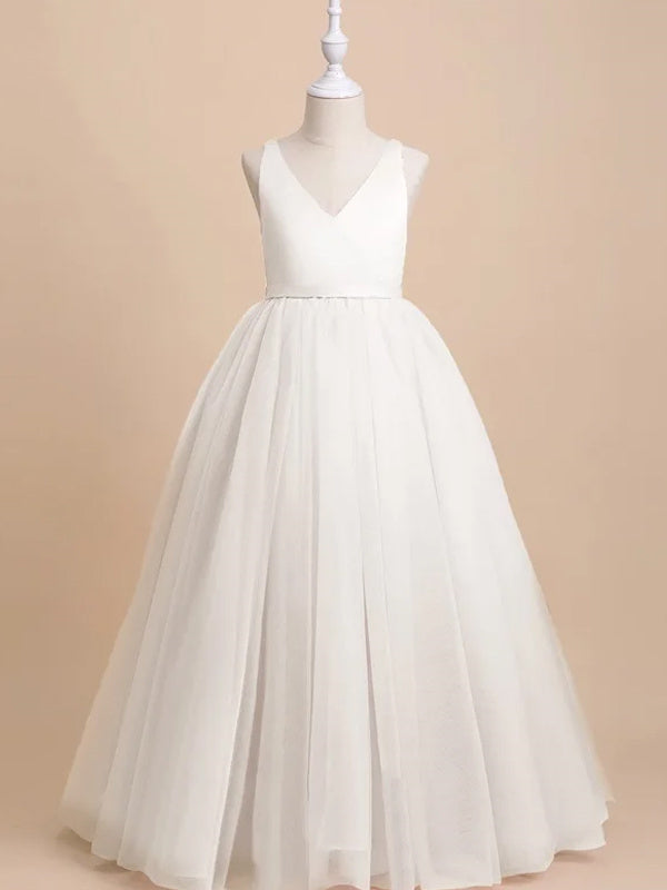 A-Line/Princess Satin Tulle  Sleeveless Floor-Length Bow(s) Flower Girl Dresses Ivory