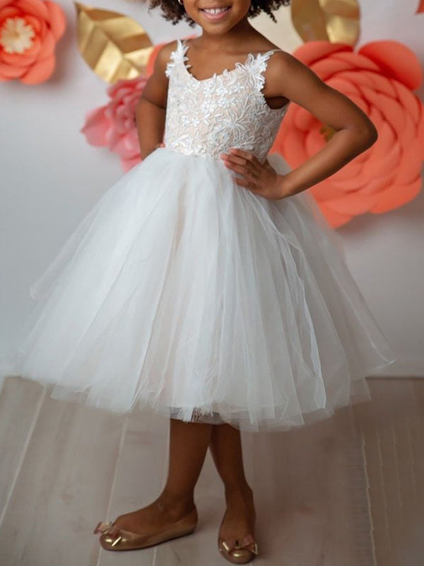 Ball-Gown Tulle Lace V-neck Sleeveless Tea-Length Appliques Lace Flower Girl Dresses As pic