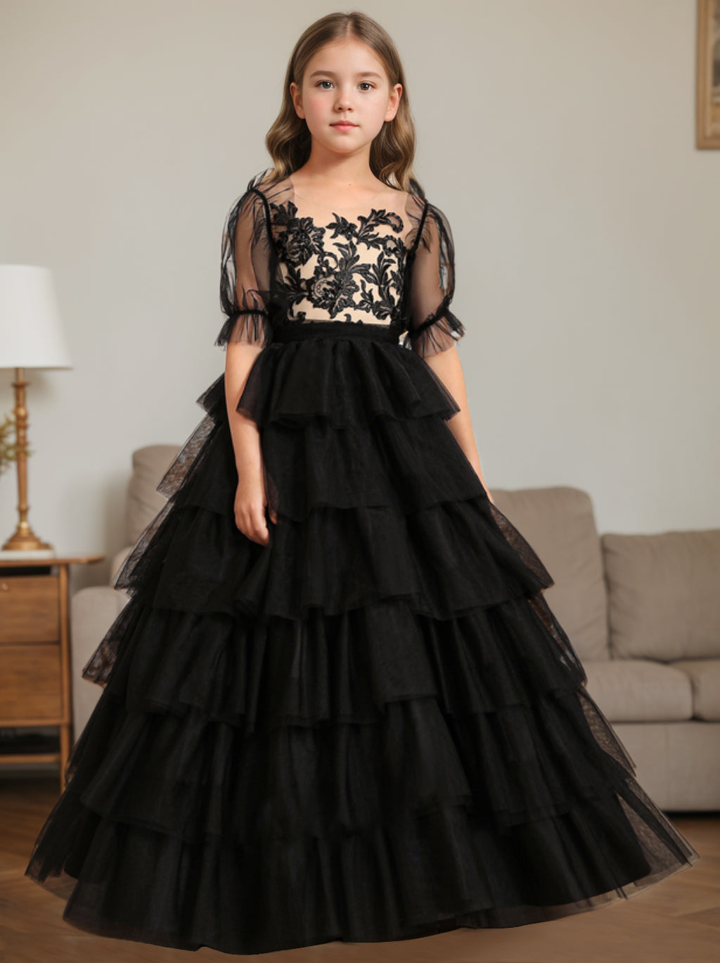 Ball-Gown Scoop Neck Sleeveless Floor-Length Flower Girl Dress with Lace Black