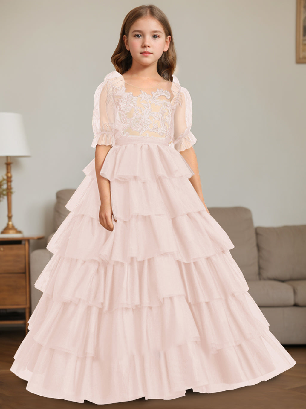 Ball-Gown Scoop Neck Sleeveless Floor-Length Flower Girl Dress with Lace Blush Pink
