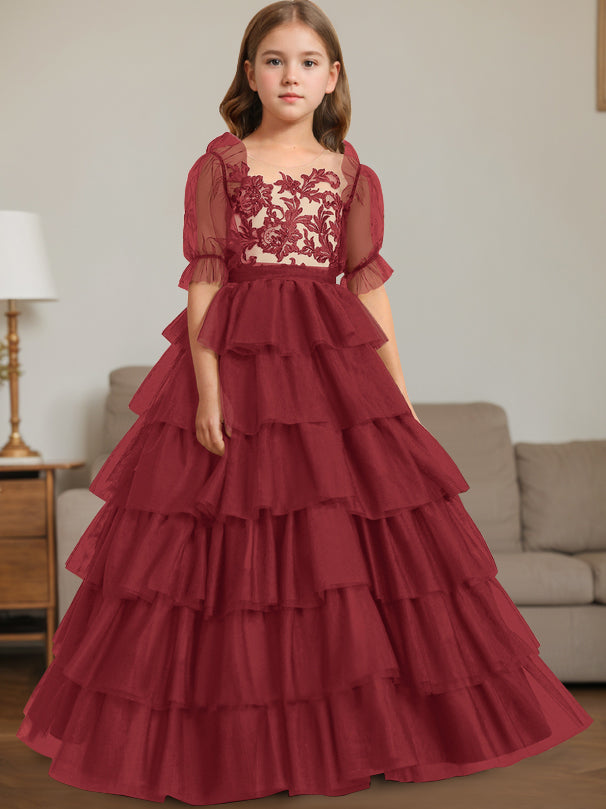 Ball-Gown Scoop Neck Sleeveless Floor-Length Flower Girl Dress with Lace Burgundy